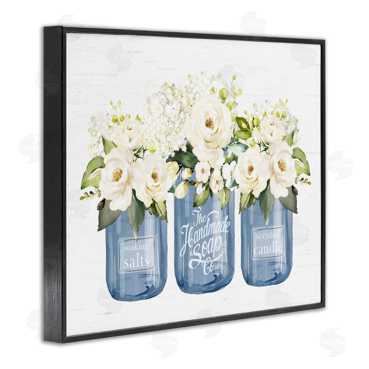 Lettered and Lined White Rose Flower Bouquets Blue Farmhouse Jars Black Framed Giclee Wall Art Print