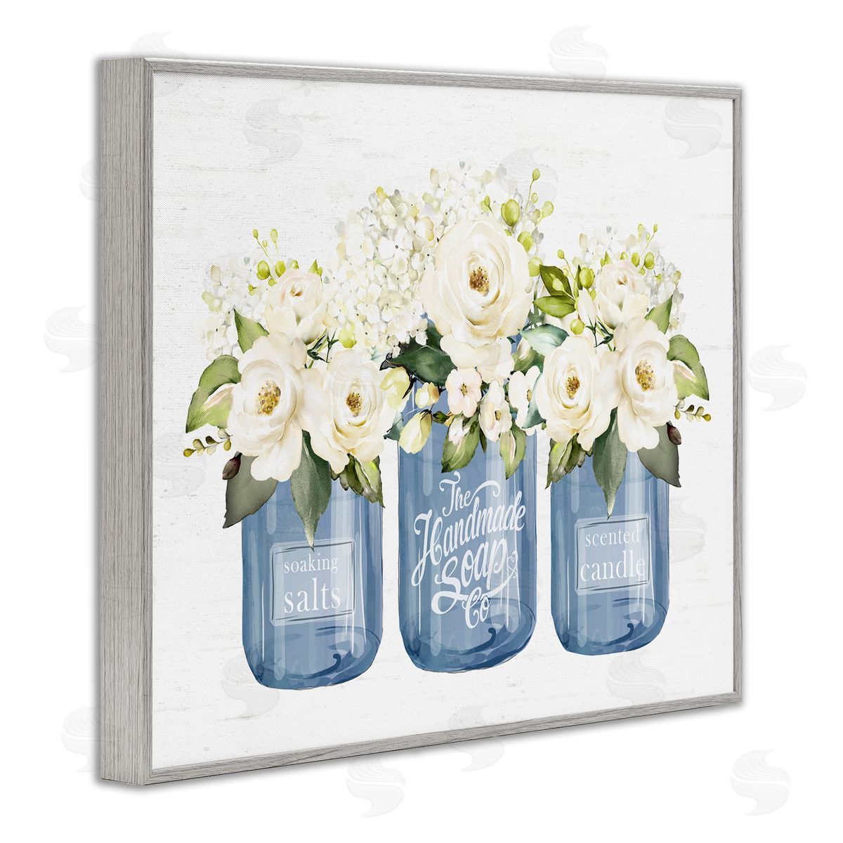 Lettered and Lined White Rose Flower Bouquets Blue Farmhouse Jars Gray Framed Giclee Wall Art Print
