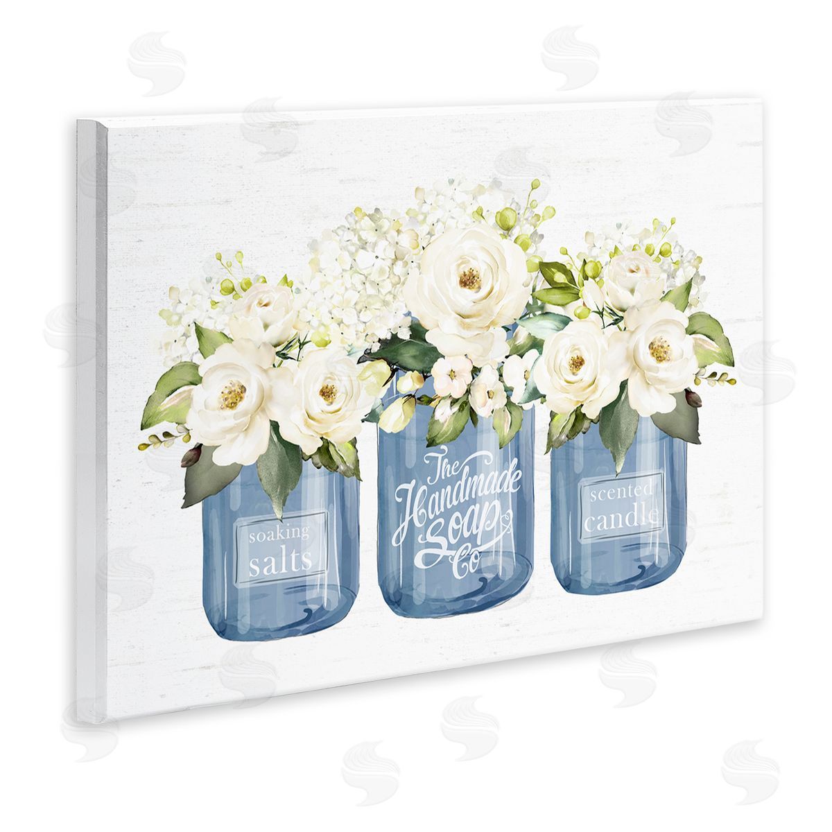 Lettered and Lined White Rose Flower Bouquets Blue Farmhouse Jars Wall Plaque Art Print