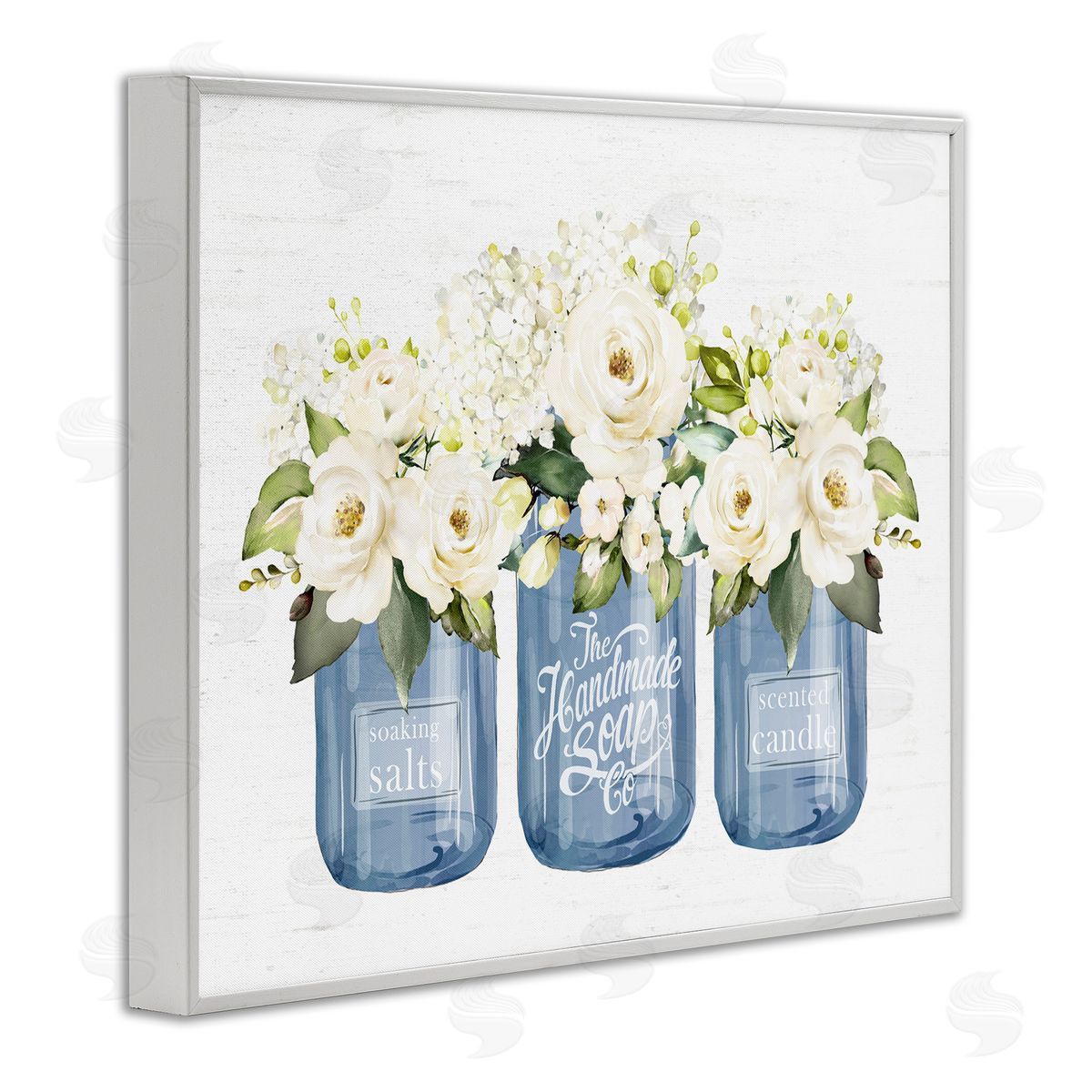 Lettered and Lined White Rose Flower Bouquets Blue Farmhouse Jars White Framed Giclee Wall Art Print