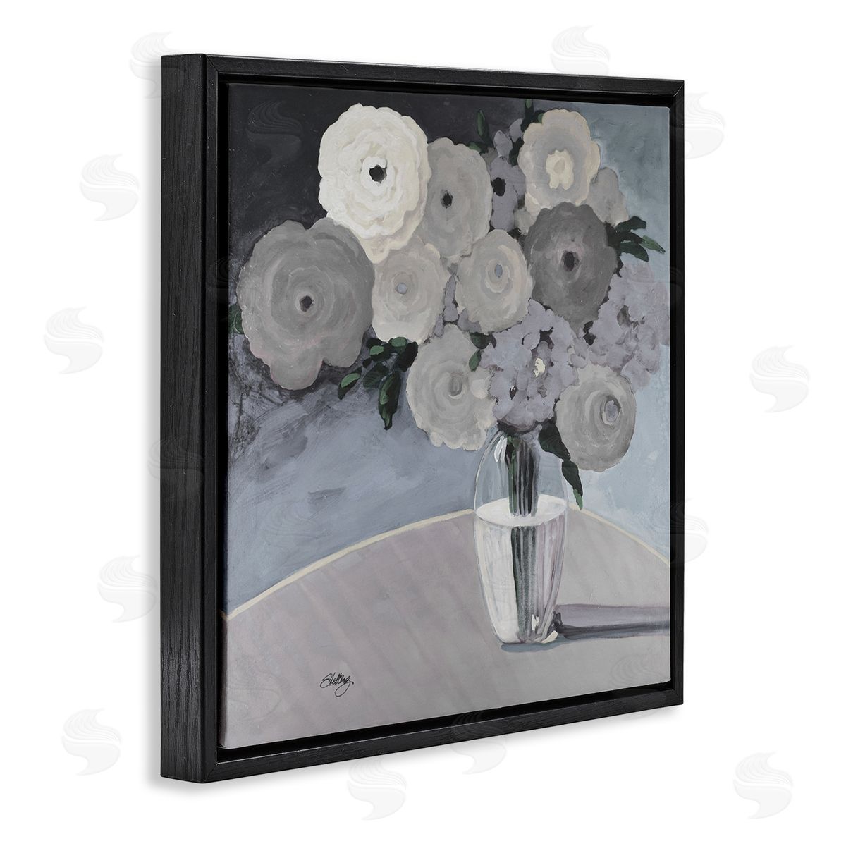 Steling Round Slate Flower Blossoms Arrangement Still Life Black Floating Frame Canvas Wall Art Print