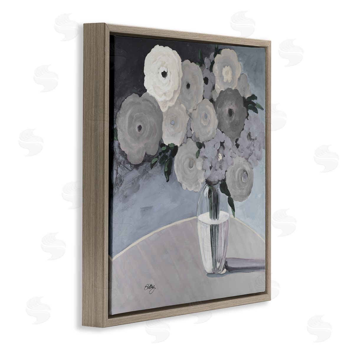 Steling Round Slate Flower Blossoms Arrangement Still Life Brown Floating Frame Canvas Wall Art Print