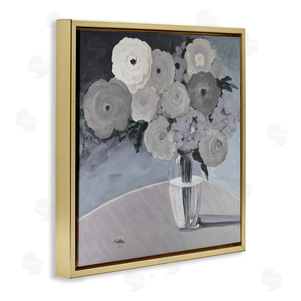 Steling Round Slate Flower Blossoms Arrangement Still Life Gold Floating Frame Canvas Wall Art Print