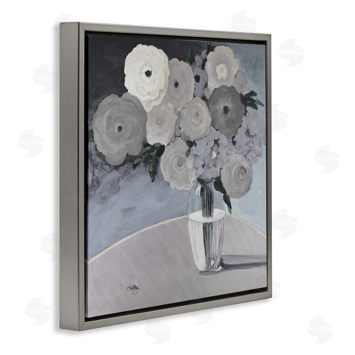 Steling Round Slate Flower Blossoms Arrangement Still Life Gray Floating Frame Canvas Wall Art Print