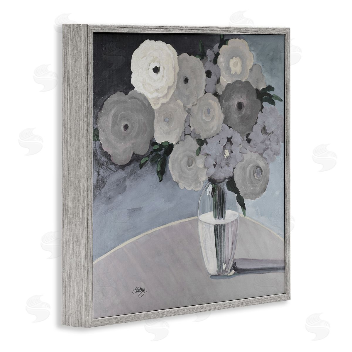 Steling Round Slate Flower Blossoms Arrangement Still Life Gray Framed Glicee Wall Art Print
