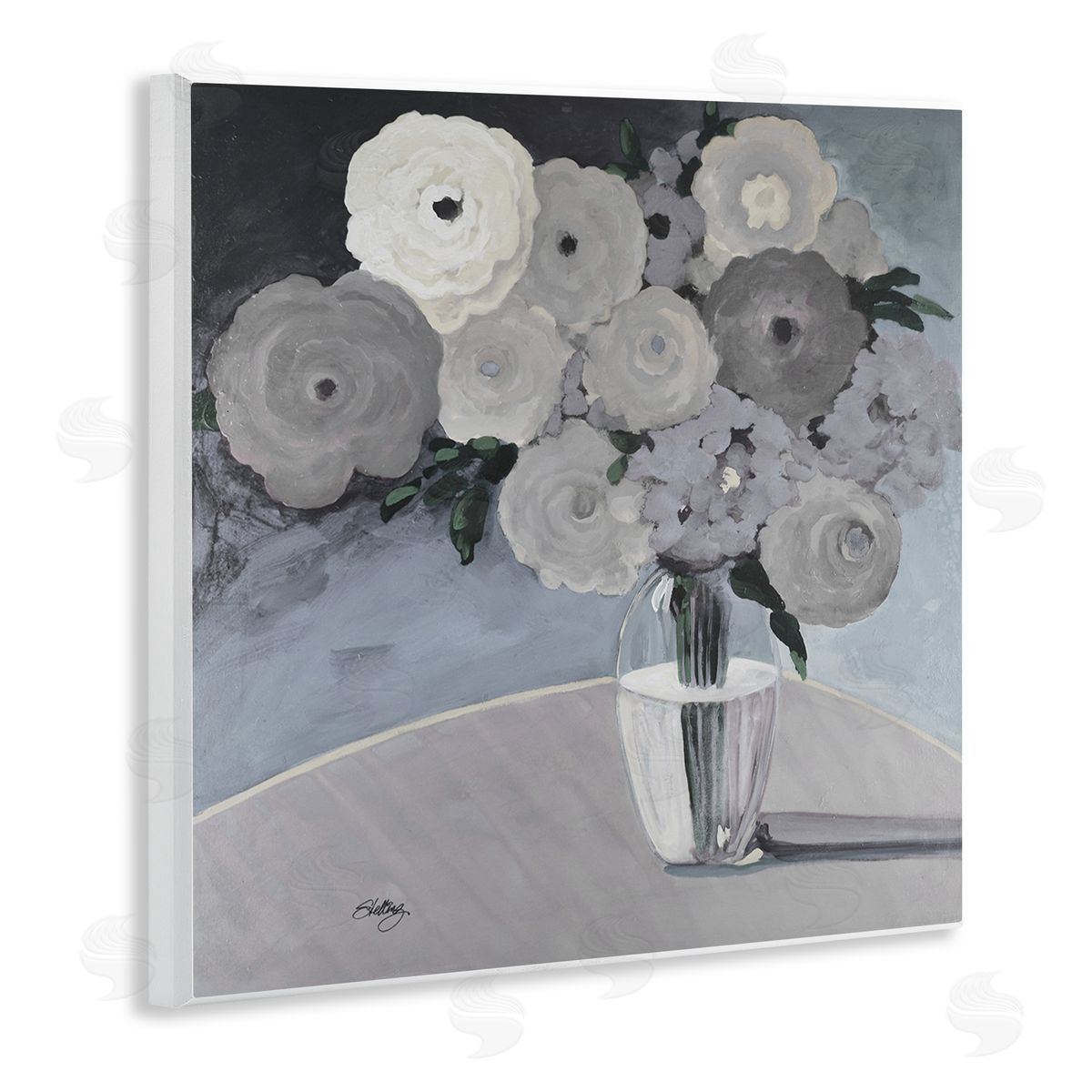 Steling Round Slate Flower Blossoms Arrangement Still Life Wooden Wall Plaque Art Print