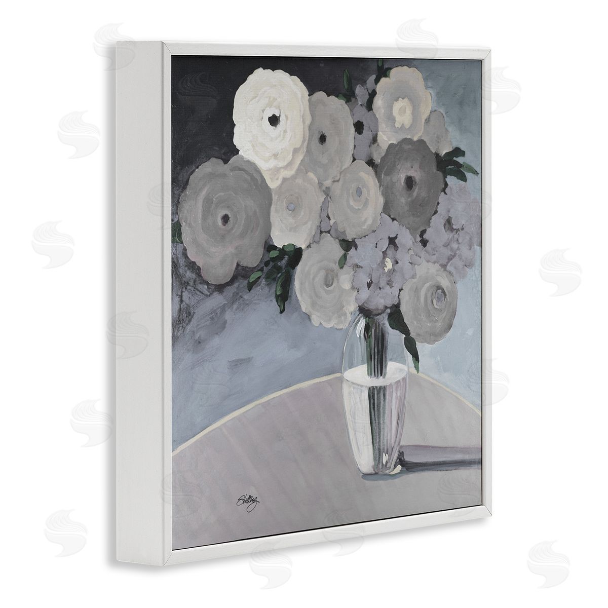 Steling Round Slate Flower Blossoms Arrangement Still Life White Framed Glicee Wall Art Print