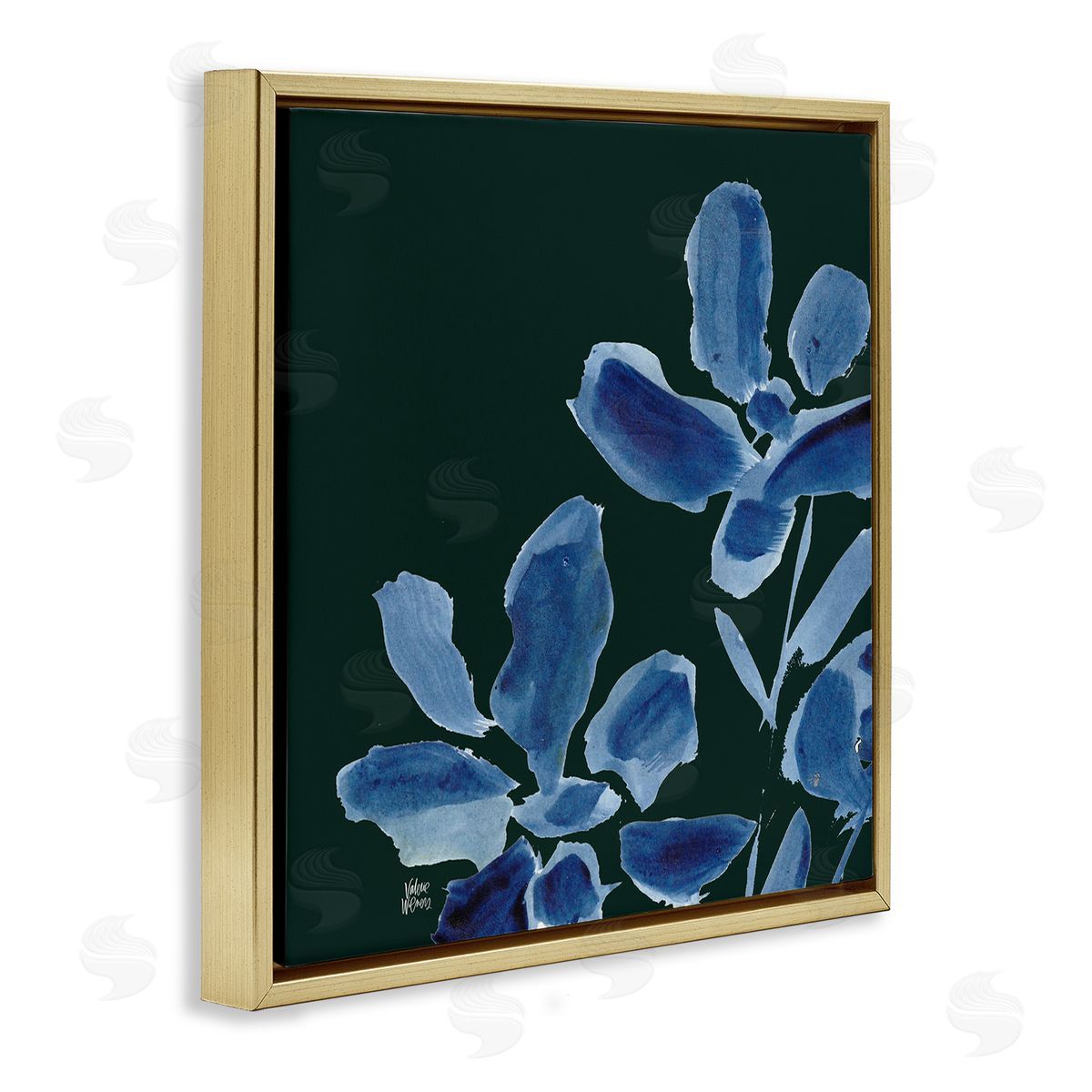 Valerie Wieners Modern Blue Flower Petals Casual Botanical Brushstrokes  Gold Floating Frame Canvas Wall Art Print