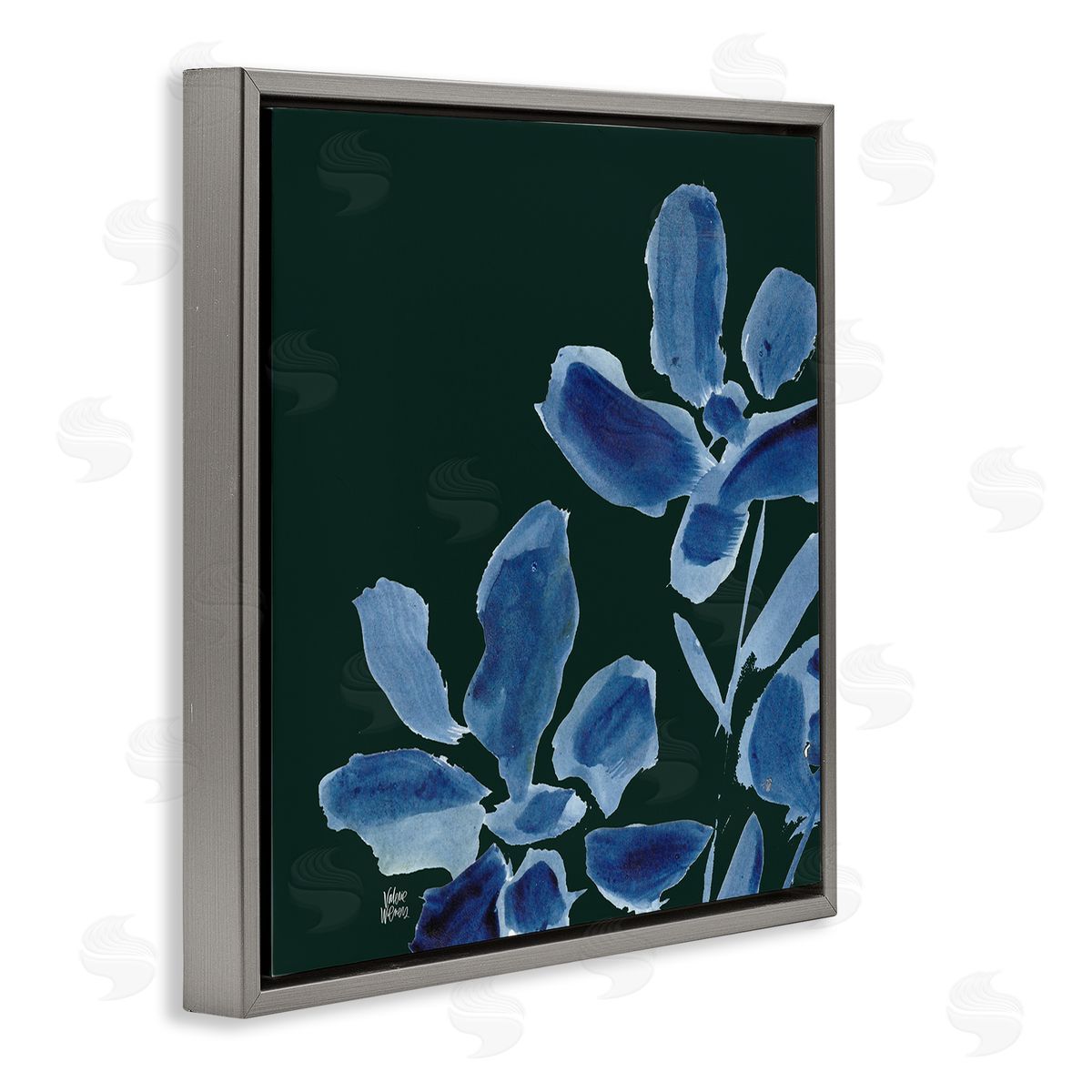 Valerie Wieners Modern Blue Flower Petals Casual Botanical Brushstrokes  Gray Floating Frame Canvas Wall Art Print