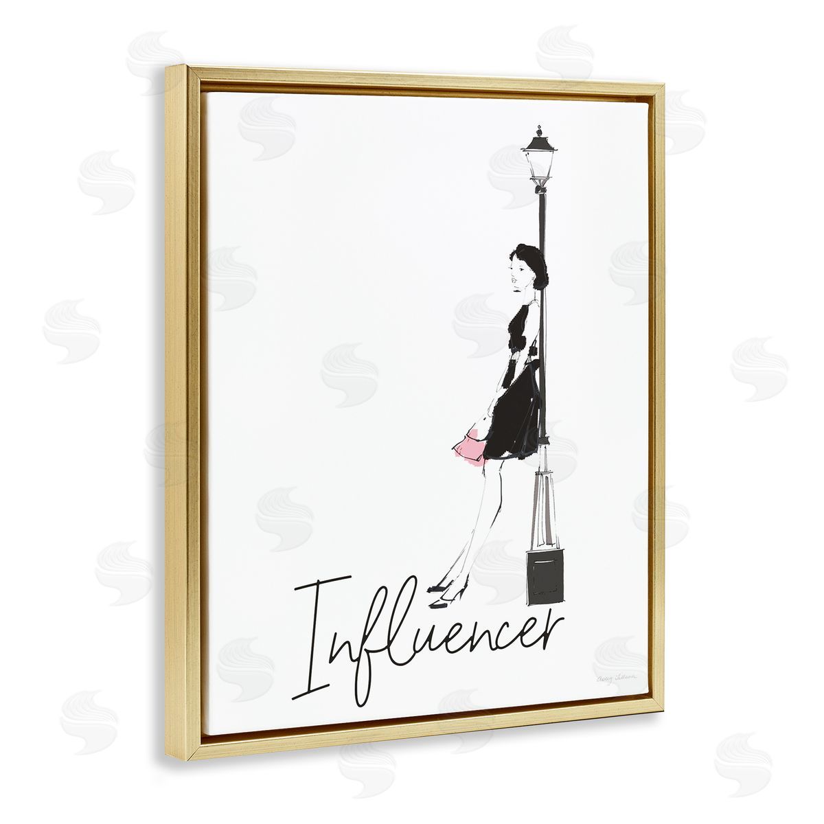 Avery Tillmon Chic Influencer Calligraphy Woman Leaning Lamp Post Gold Floating Frame Canvas Wall Art Print