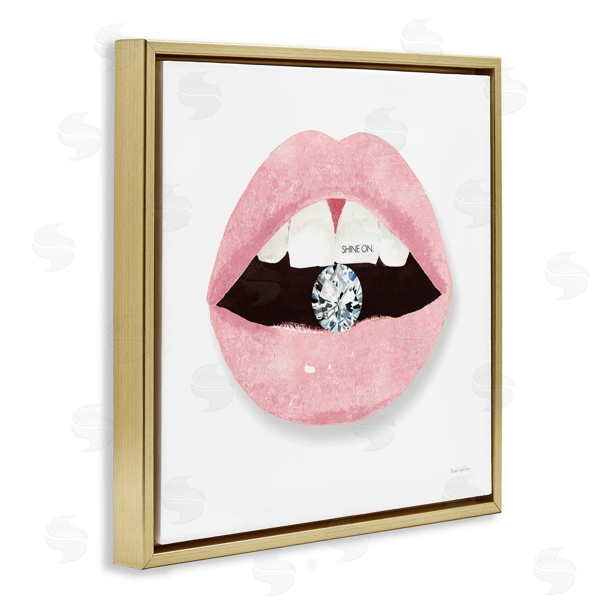 Mercedes Lopez Charro Shine On Glam Lips Biting Shimmering Diamond Gold Floating Frame Canvas Wall Art Print