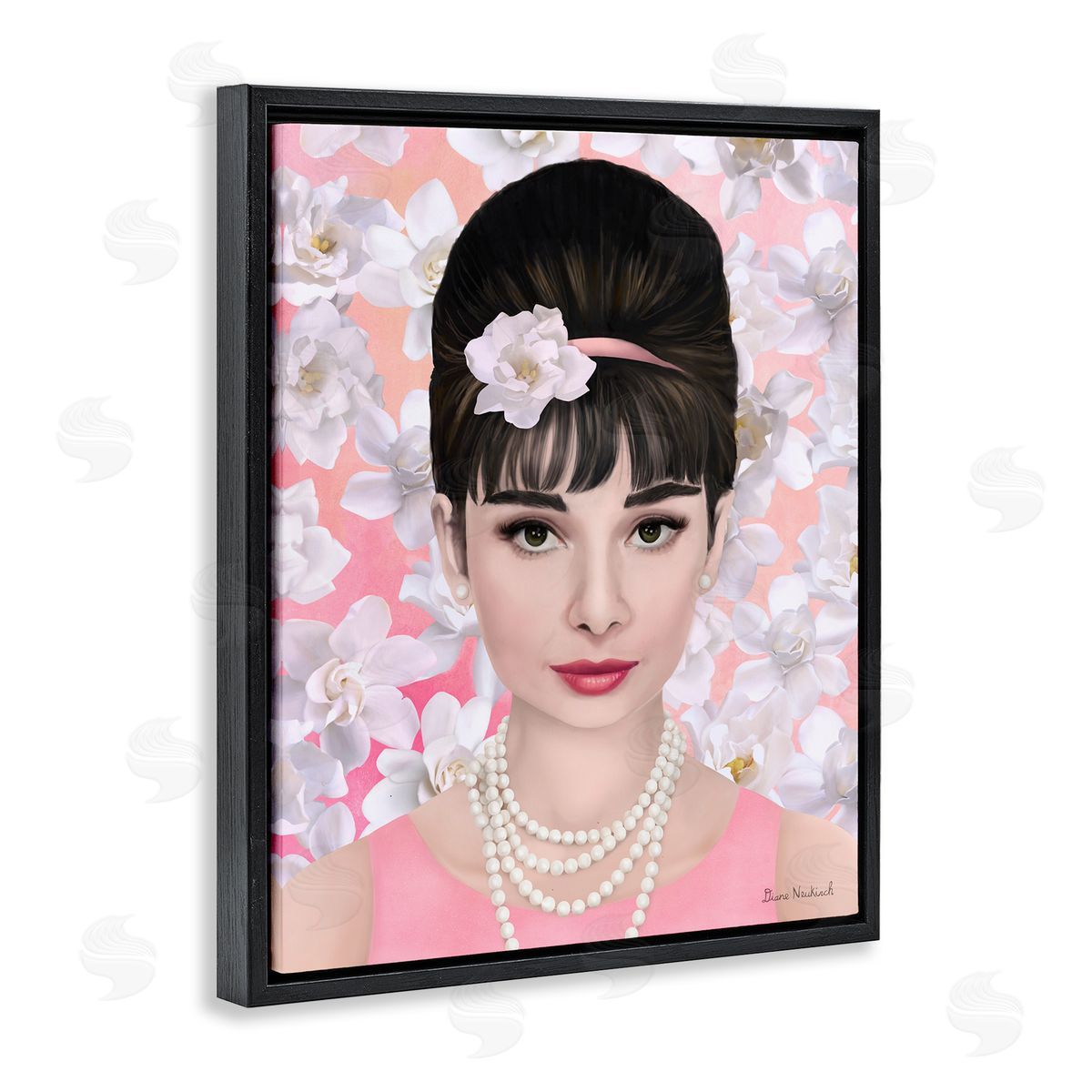 Diane Neukirch Audrey Hepburn Polished Fashion Accessories Floral Pattern Black Floating Frame Canvas Wall Art Print