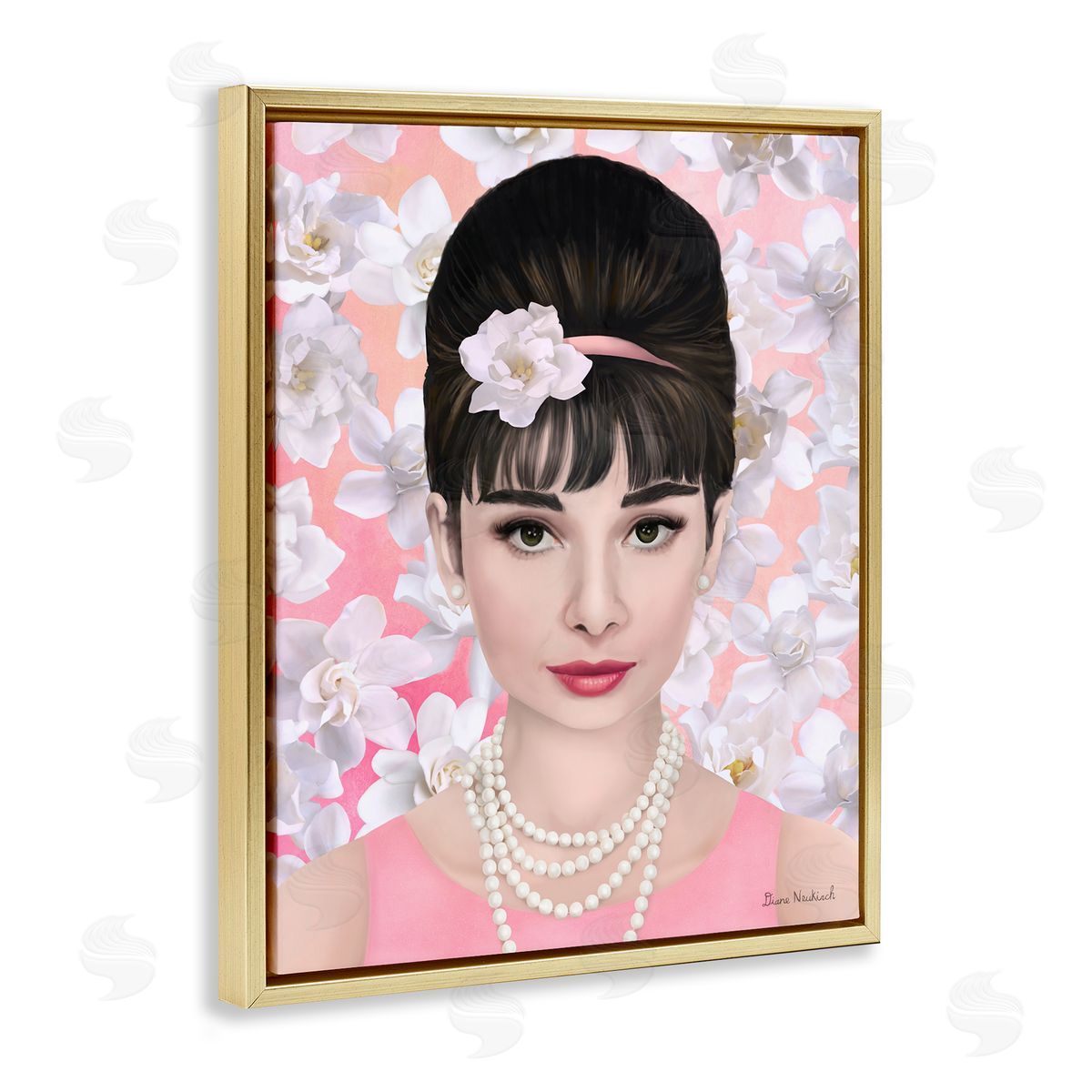 Diane Neukirch Audrey Hepburn Polished Fashion Accessories Floral Pattern Gold Floating Frame Canvas Wall Art Print