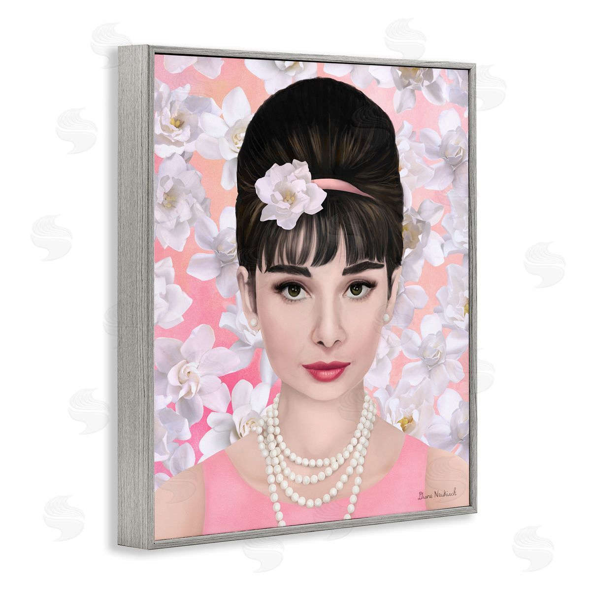 Diane Neukirch Audrey Hepburn Polished Fashion Accessories Floral Pattern Gray Framed Giclee Wall Art Print