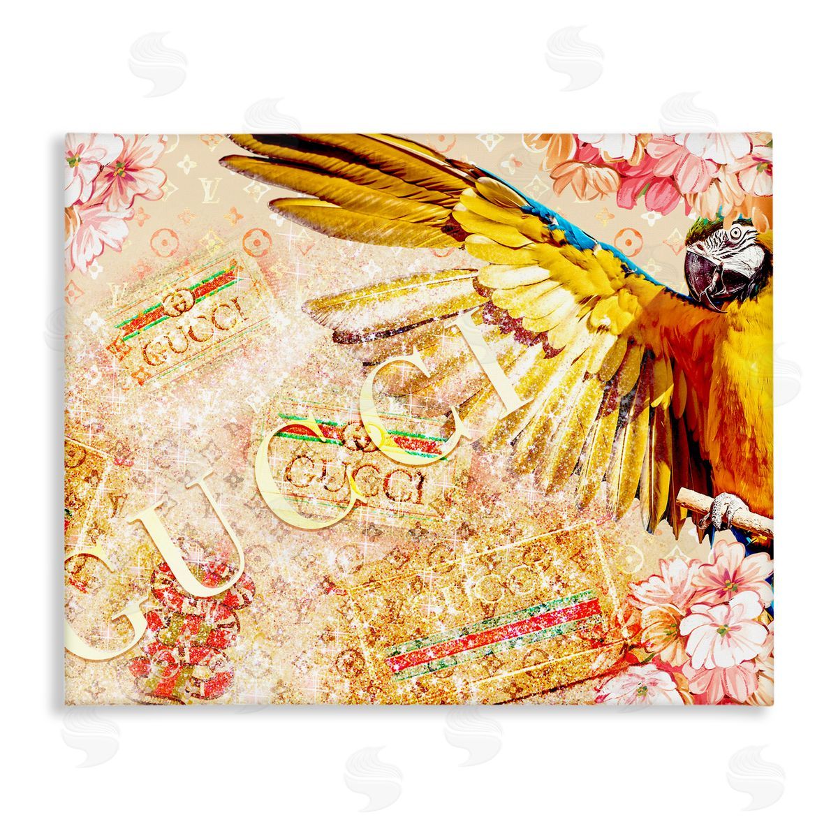Ziwei Li Dazzling Glam Parrot Floral Pattern Upscale Bling  Stretched Canvas Wall Art Print
