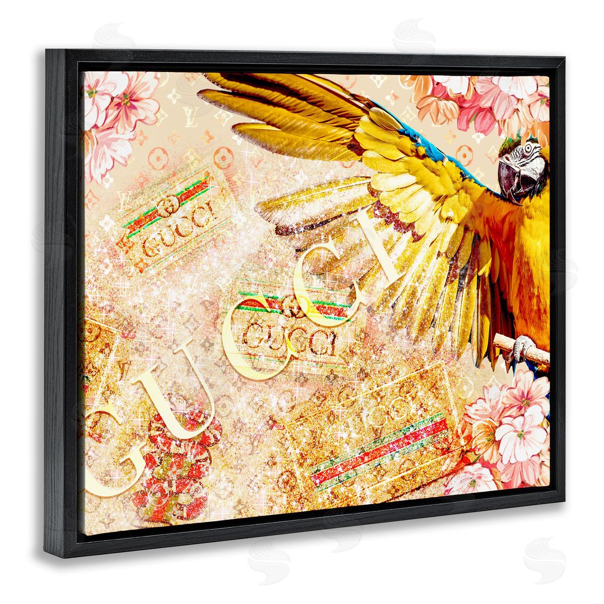 Ziwei Li Dazzling Glam Parrot Floral Pattern Upscale Bling  Black Floating Frame Canvas Wall Art Print