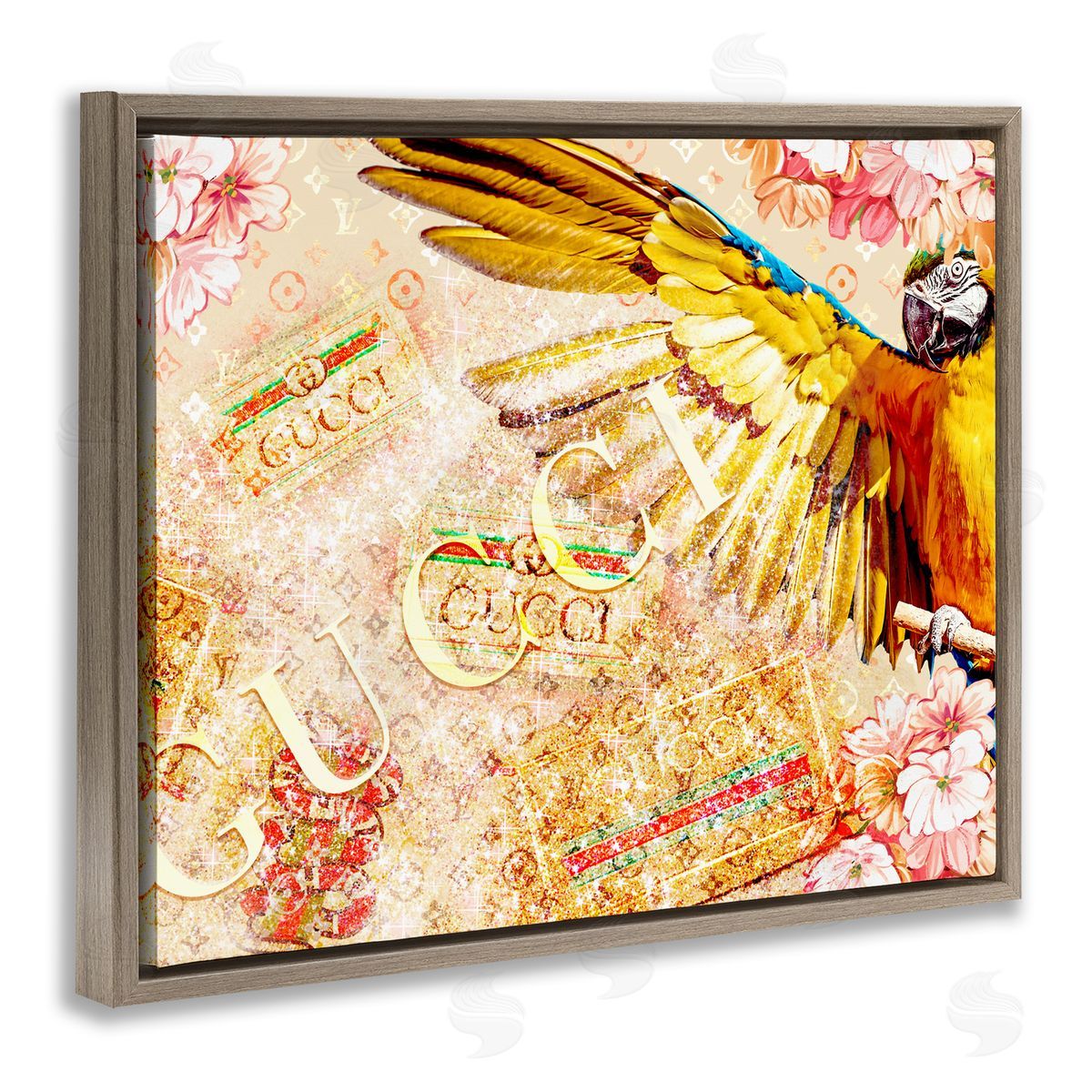 Ziwei Li Dazzling Glam Parrot Floral Pattern Upscale Bling  Brown Floating Frame Canvas Wall Art Print