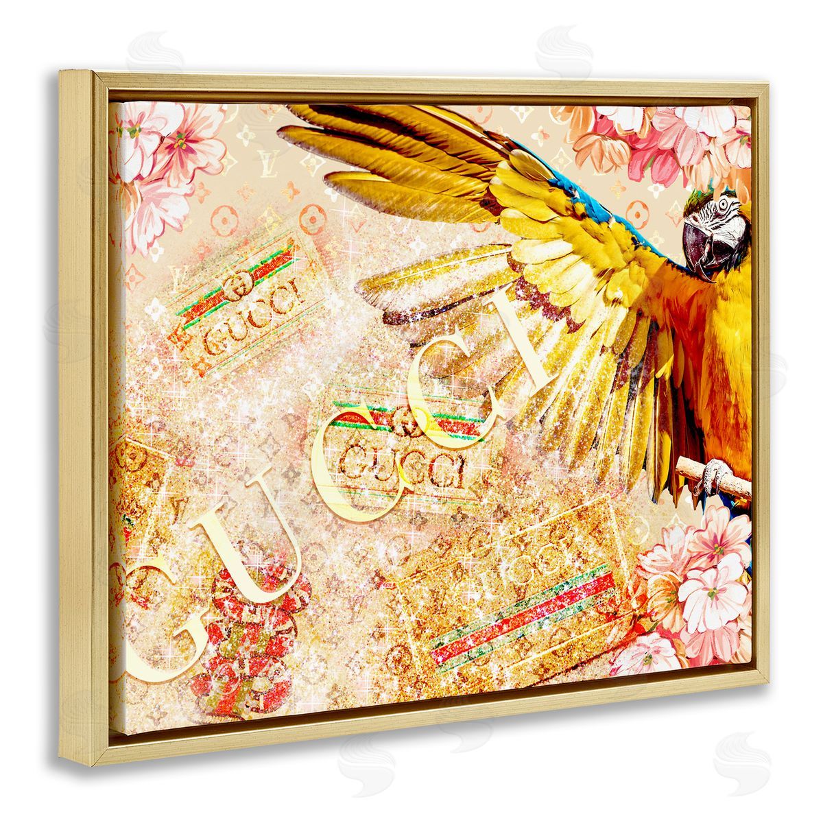 Ziwei Li Dazzling Glam Parrot Floral Pattern Upscale Bling  Gold Floating Frame Canvas Wall Art Print