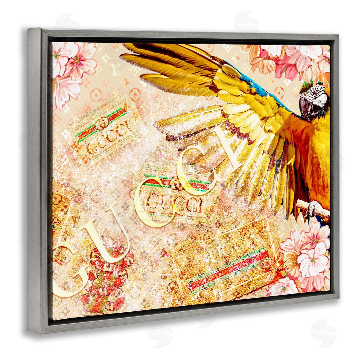 Ziwei Li Dazzling Glam Parrot Floral Pattern Upscale Bling  Gray Floating Frame Canvas Wall Art Print