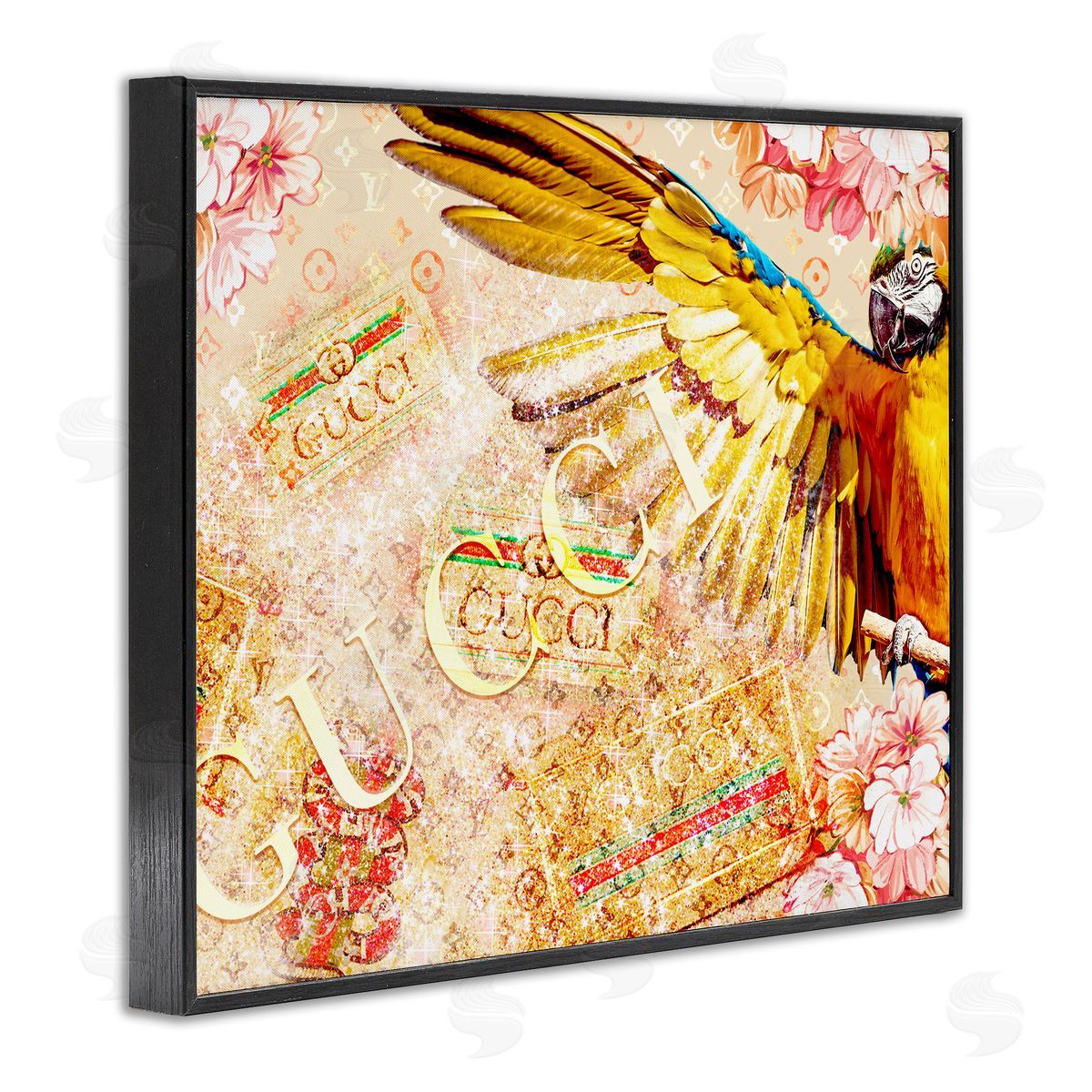 Ziwei Li Dazzling Glam Parrot Floral Pattern Upscale Bling  Black Framed Giclee Wall Art Print