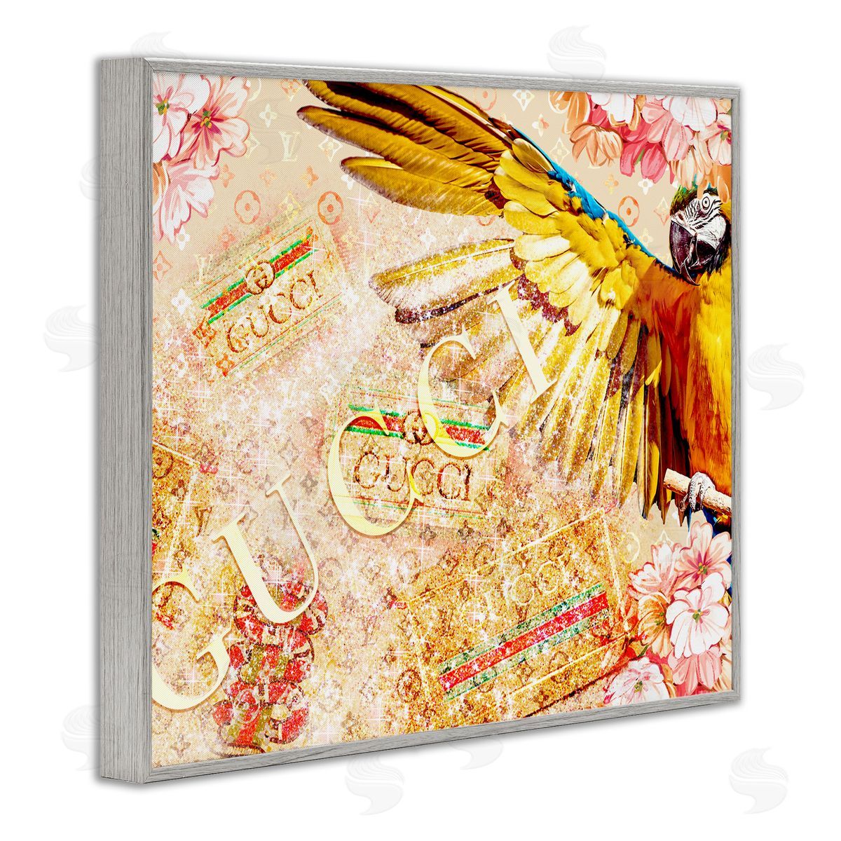 Ziwei Li Dazzling Glam Parrot Floral Pattern Upscale Bling  Gray Framed Giclee Wall Art Print