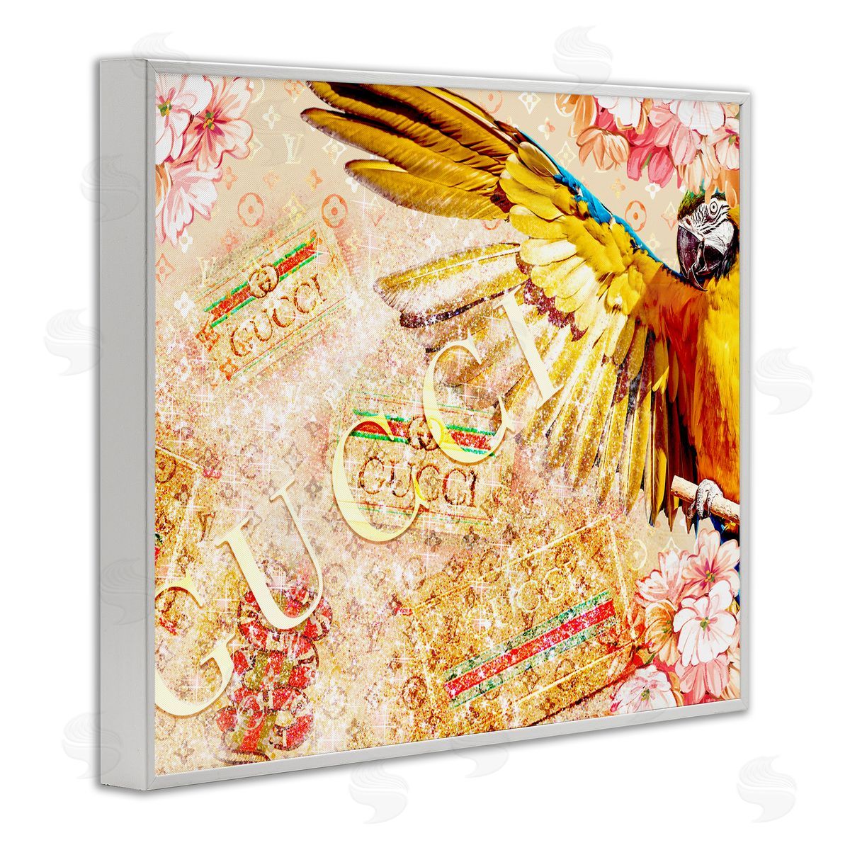 Ziwei Li Dazzling Glam Parrot Floral Pattern Upscale Bling  White Framed Giclee Wall Art Print