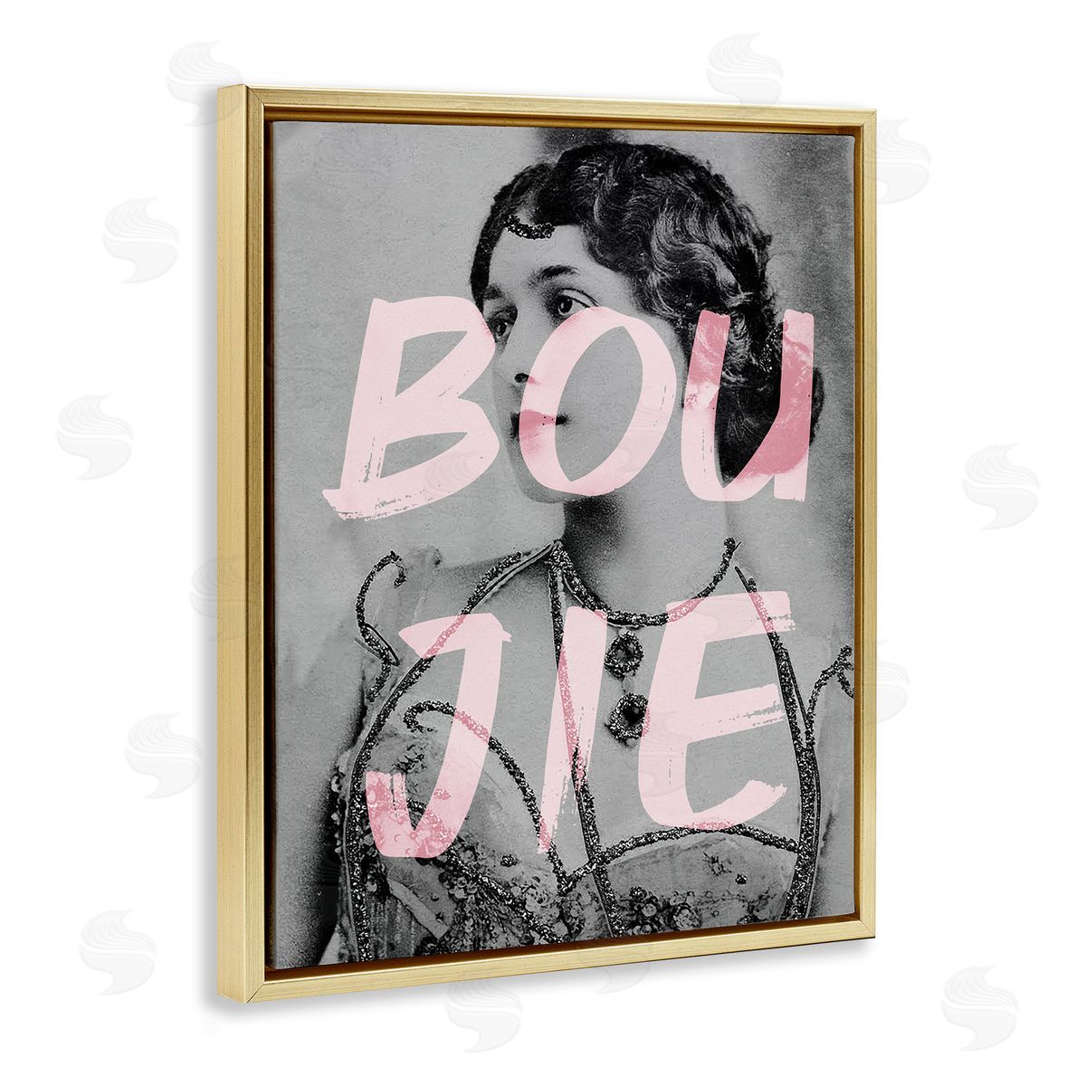 Stupell Studio Boujie Vintage Woman Portrait Trendy Pink Text Gold Floating Frame Canvas Wall Art Print