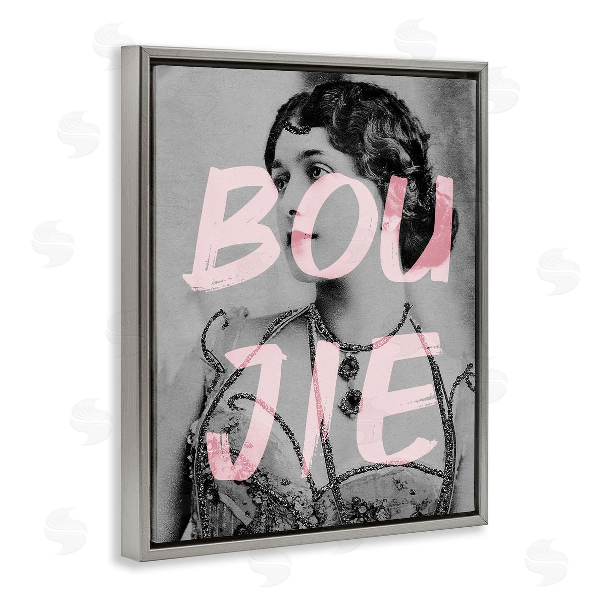 Stupell Studio Boujie Vintage Woman Portrait Trendy Pink Text Gray Floating Frame Canvas Wall Art Print