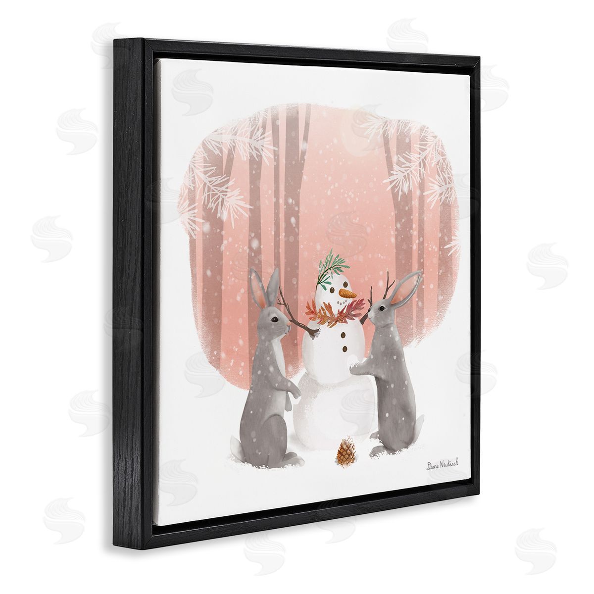 Diane Neukirch Winter Rabbits Building Snowman Snowy Forest Scene Black Floating Frame Canvas Wall Art Print
