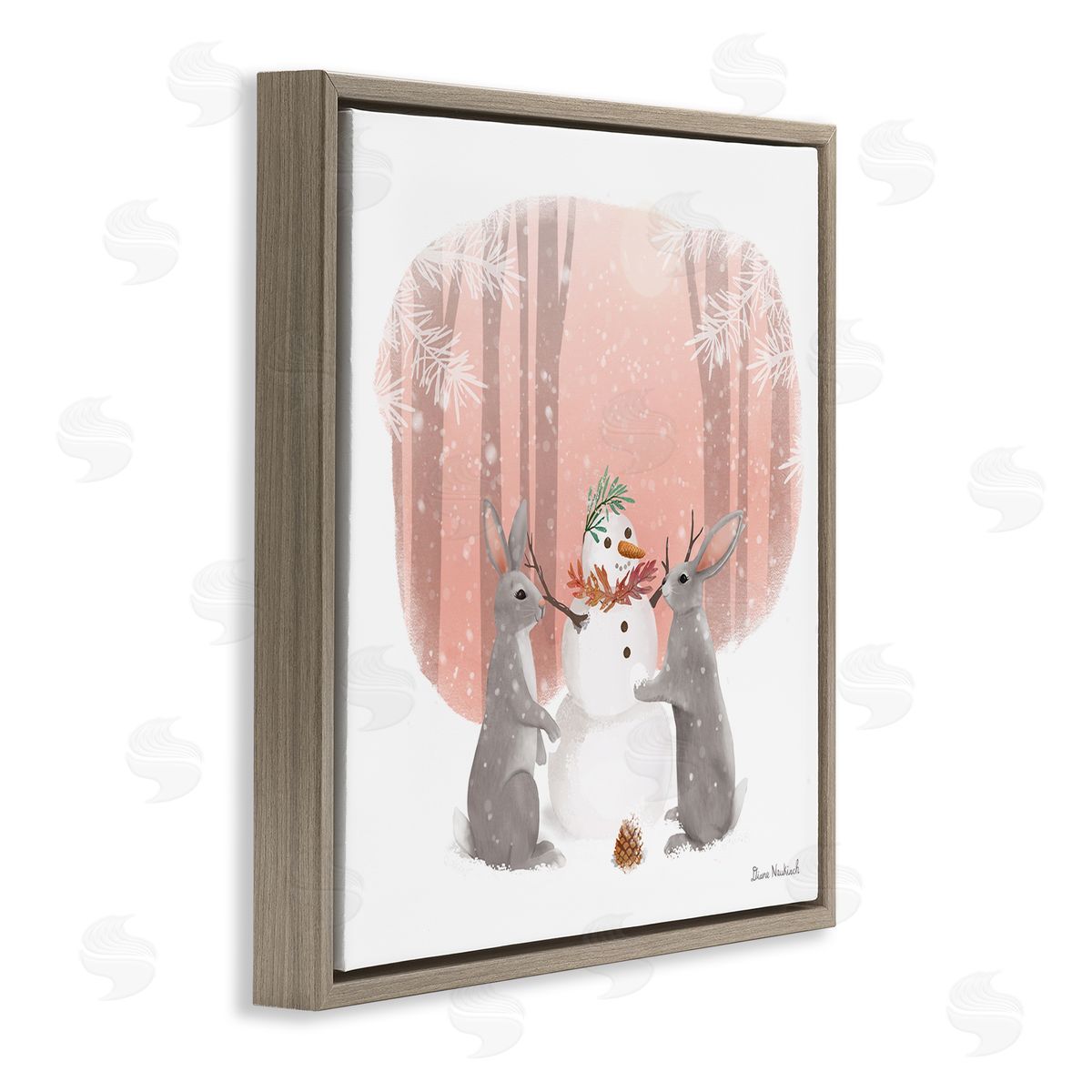 Diane Neukirch Winter Rabbits Building Snowman Snowy Forest Scene Brown Floating Frame Canvas Wall Art Print
