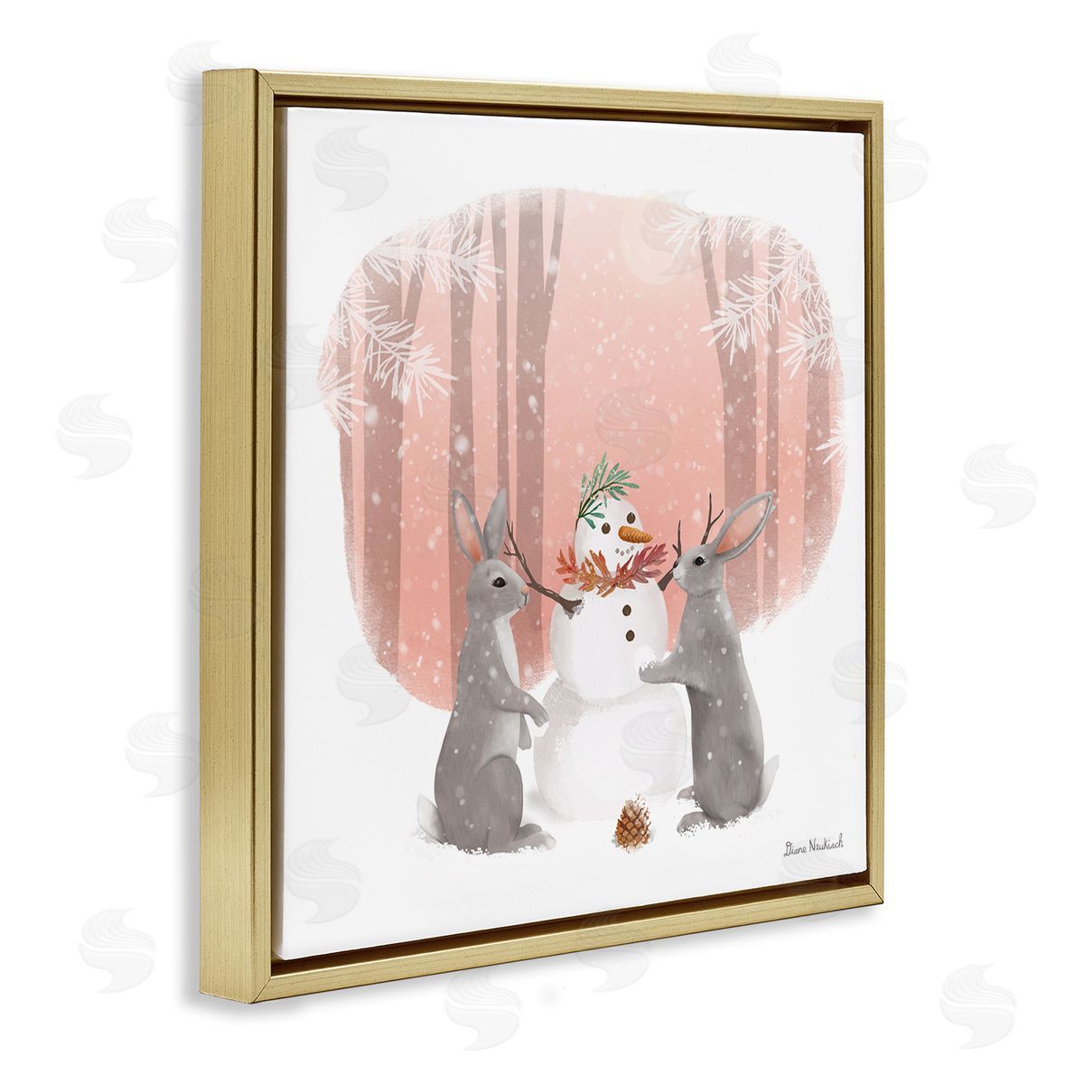 Diane Neukirch Winter Rabbits Building Snowman Snowy Forest Scene Gold Floating Frame Canvas Wall Art Print