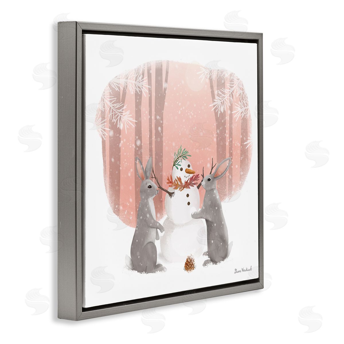 Diane Neukirch Winter Rabbits Building Snowman Snowy Forest Scene Gray Floating Frame Canvas Wall Art Print