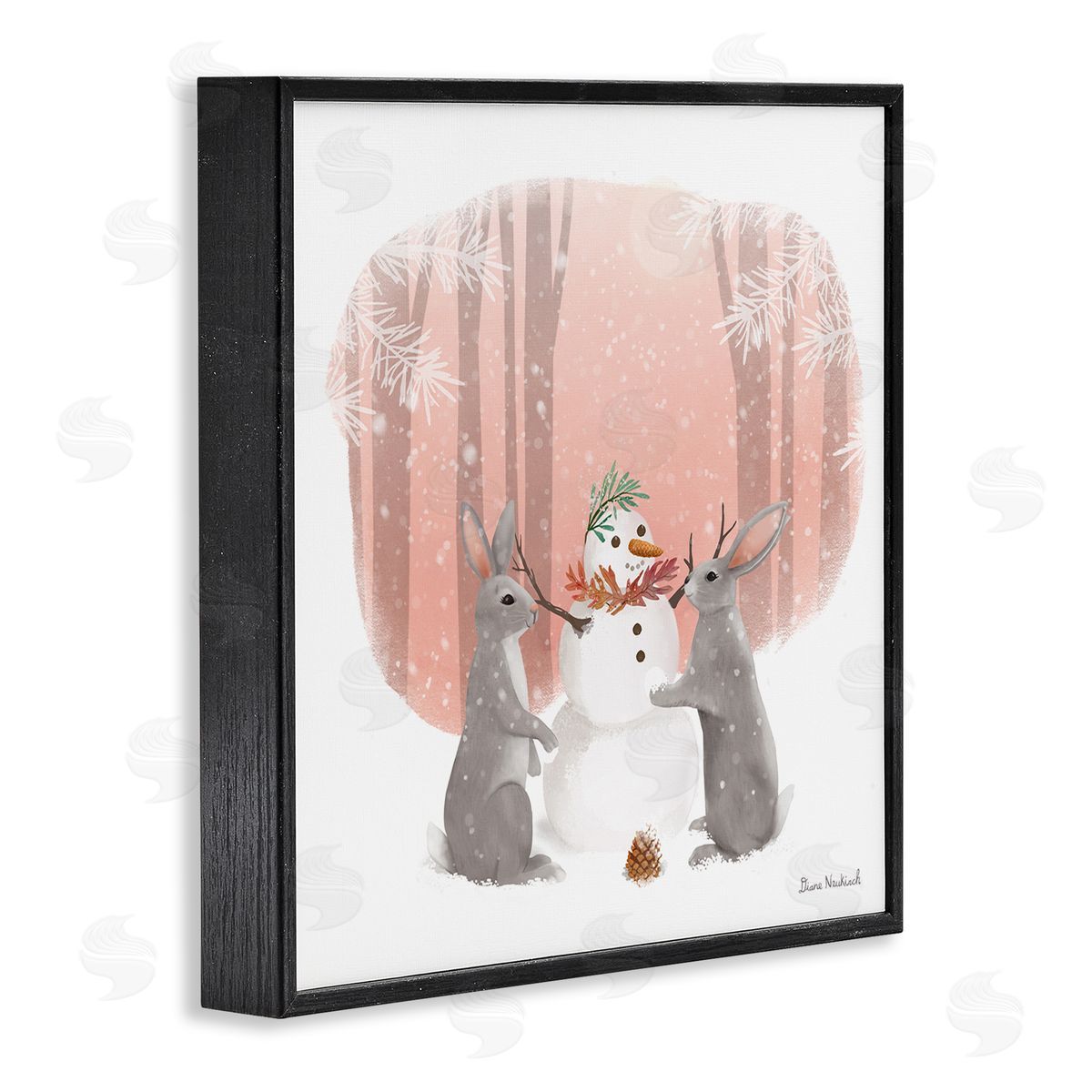 Diane Neukirch Winter Rabbits Building Snowman Snowy Forest Scene Black Framed Glicee Wall Art Print