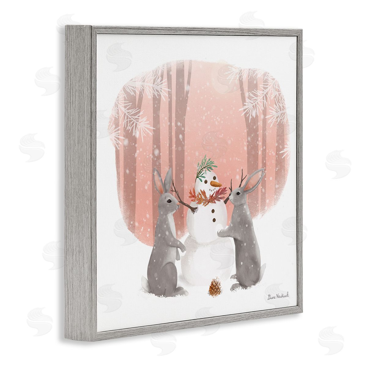 Diane Neukirch Winter Rabbits Building Snowman Snowy Forest Scene Gray Framed Glicee Wall Art Print