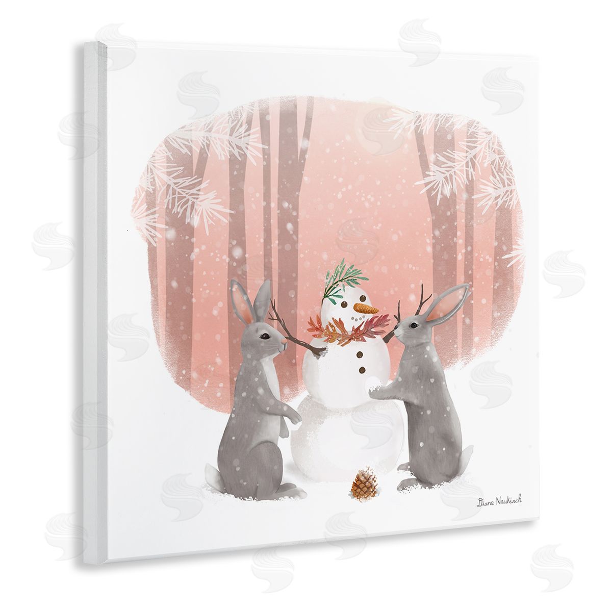 Diane Neukirch Winter Rabbits Building Snowman Snowy Forest Scene Wooden Wall Plaque Art Print