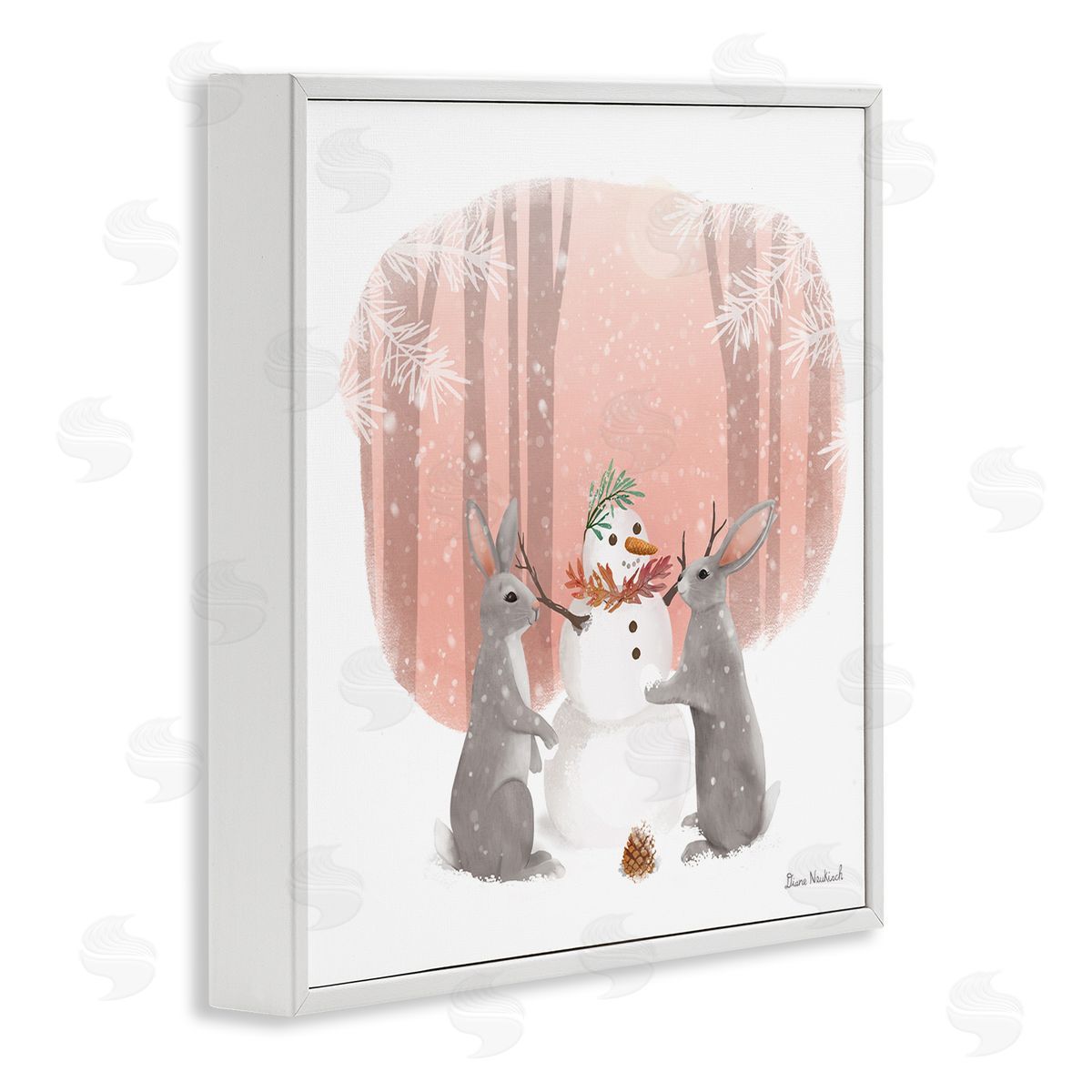 Diane Neukirch Winter Rabbits Building Snowman Snowy Forest Scene White Framed Glicee Wall Art Print