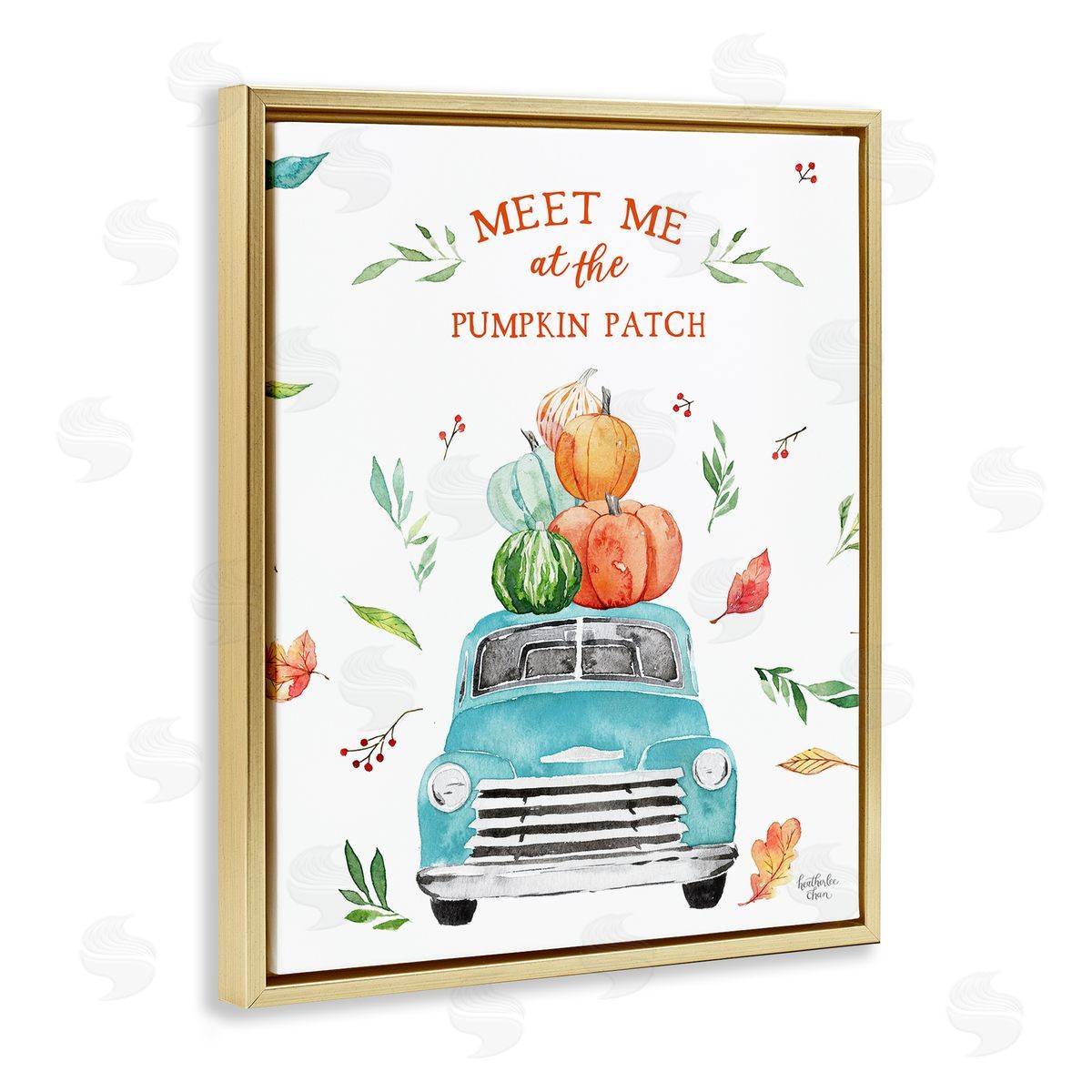 Heather Lee Chan Pumpkin Patch Seasonal Leaves Botanicals Blue Truck  Gold Floating Frame Canvas Wall Art Print
