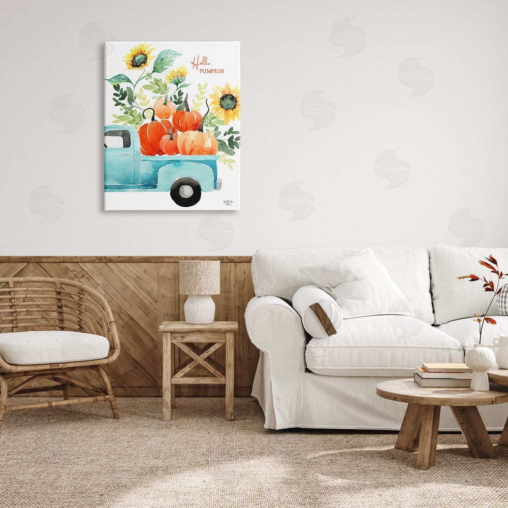 Heather Lee Chan Hello Pumpkin Autumn Truck Carrying Seasonal Plants Canvas Wall Art Print in Room