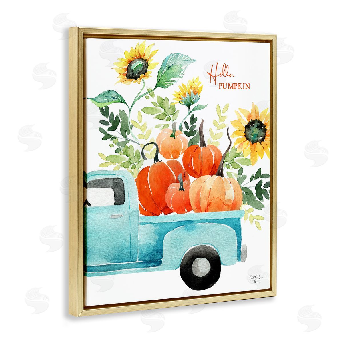 Heather Lee Chan Hello Pumpkin Autumn Truck Carrying Seasonal Plants Gold Floating Frame Canvas Wall Art Print