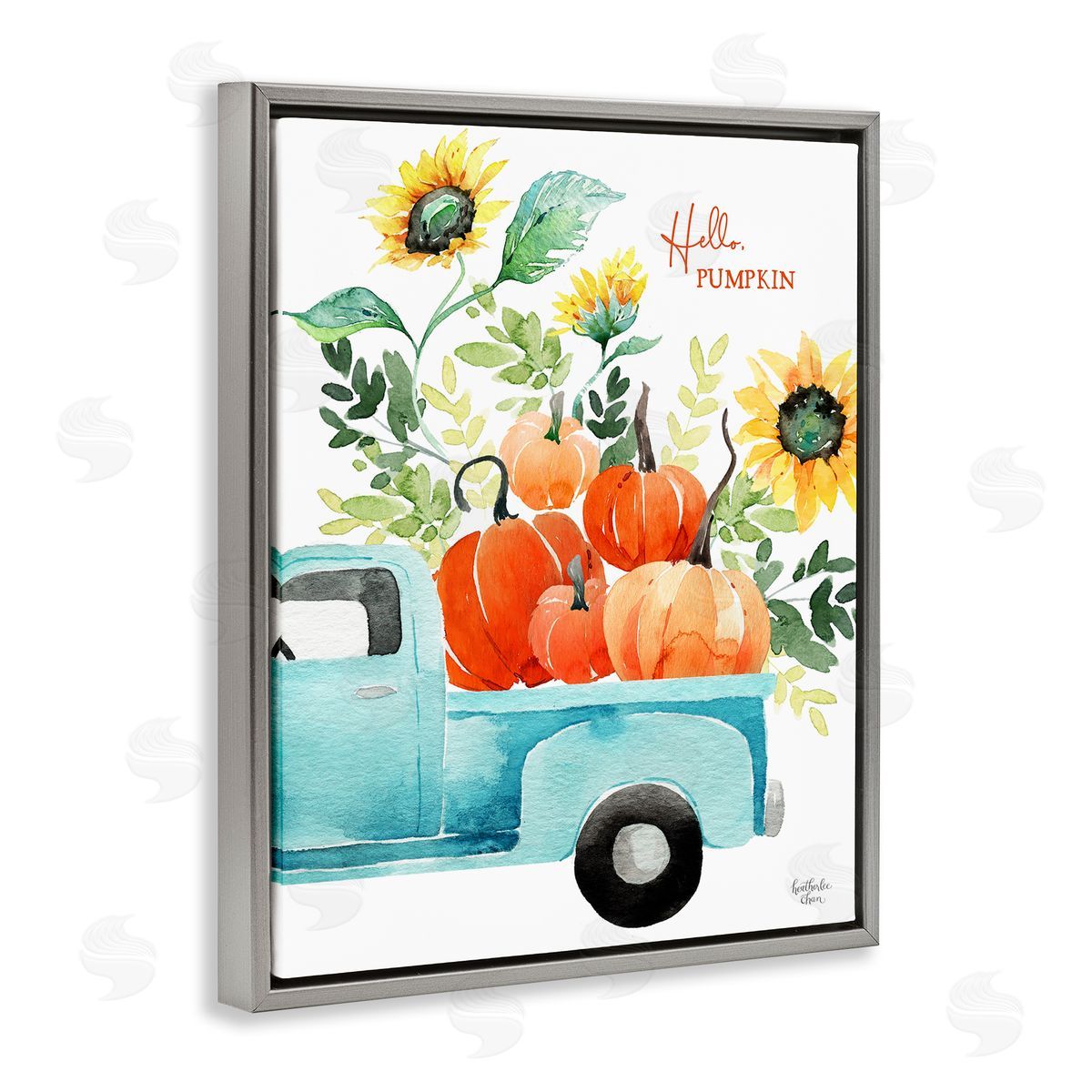 Heather Lee Chan Hello Pumpkin Autumn Truck Carrying Seasonal Plants Gray Floating Frame Canvas Wall Art Print