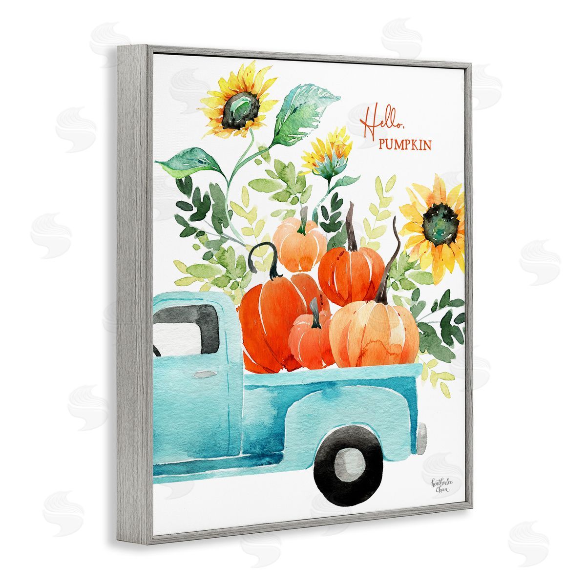 Heather Lee Chan Hello Pumpkin Autumn Truck Carrying Seasonal Plants Gray Framed Giclee Wall Art Print