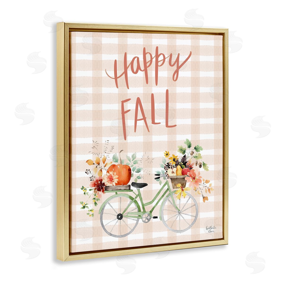 Heather Lee Chan Happy Fall Plaid Seasonal Flowers Blooming Bicycle Gold Floating Frame Canvas Wall Art Print