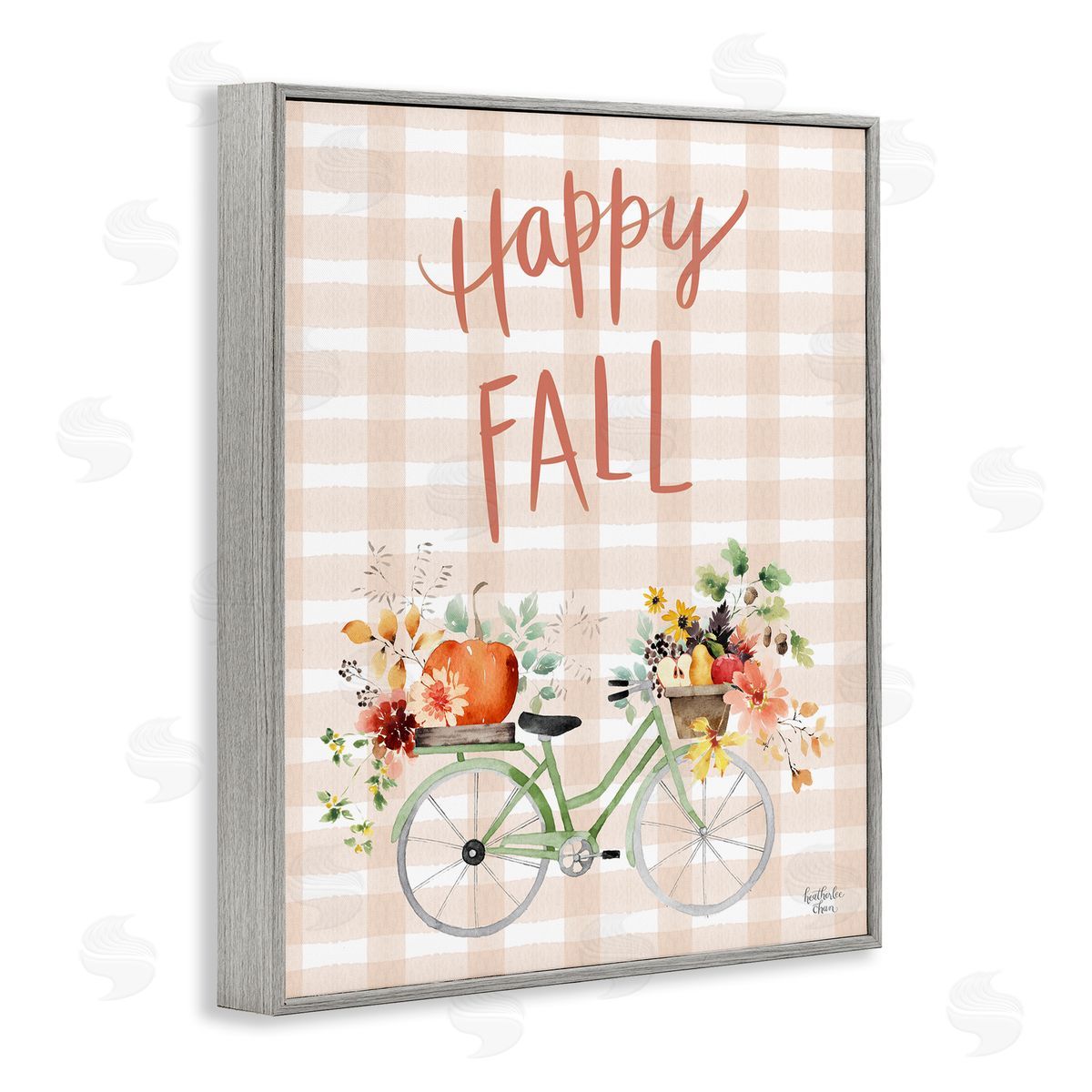 Heather Lee Chan Happy Fall Plaid Seasonal Flowers Blooming Bicycle Gray Framed Giclee Wall Art Print