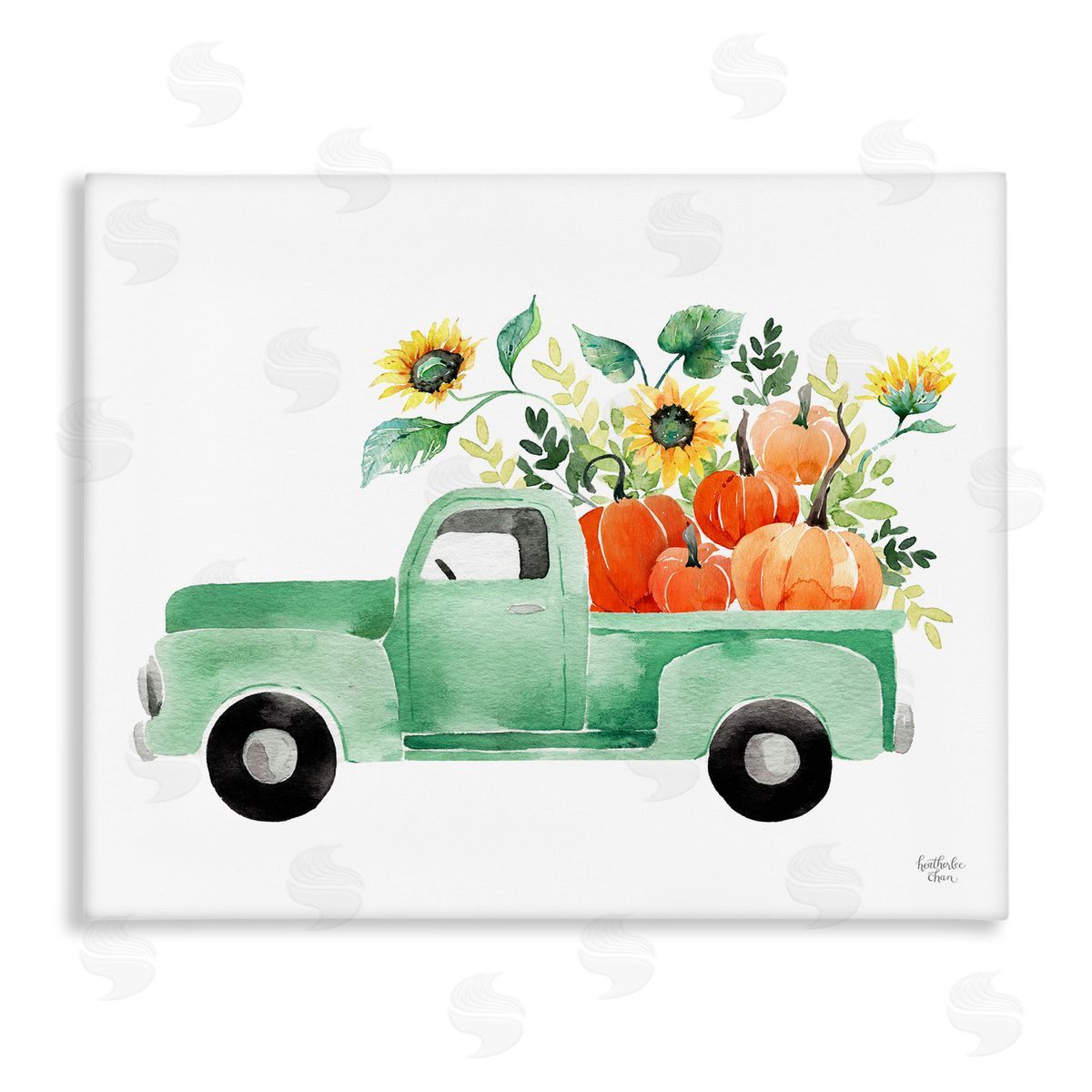 Heather Lee Chan Autumnal Plants Pumpkins Seasonal Green Pickup Truck  Stretched Canvas Wall Art Print