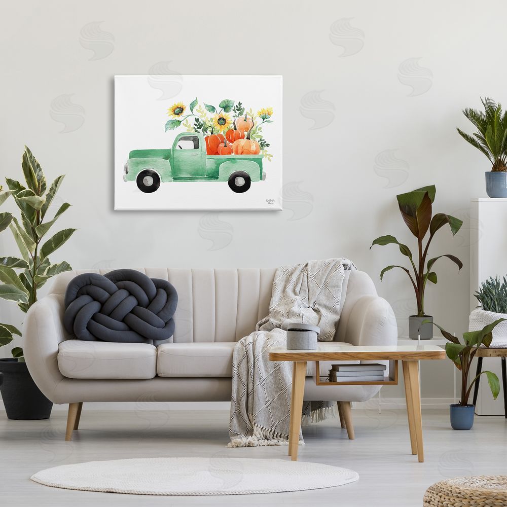 Heather Lee Chan Autumnal Plants Pumpkins Seasonal Green Pickup Truck  Canvas Wall Art Print in Room