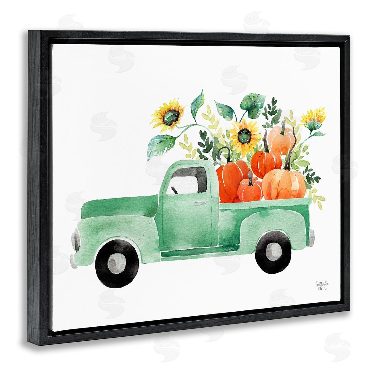 Heather Lee Chan Autumnal Plants Pumpkins Seasonal Green Pickup Truck  Black Floating Frame Canvas Wall Art Print