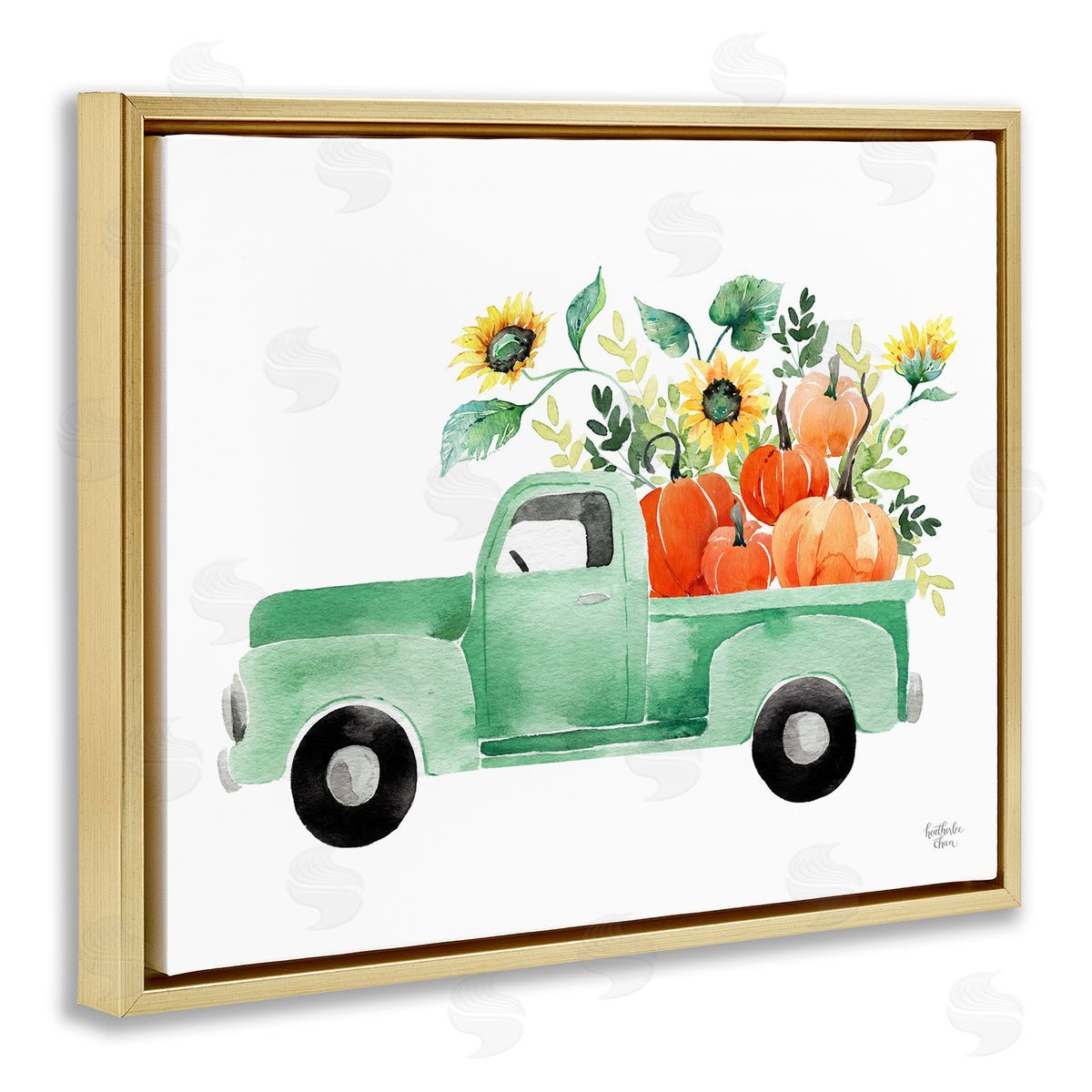 Heather Lee Chan Autumnal Plants Pumpkins Seasonal Green Pickup Truck  Gold Floating Frame Canvas Wall Art Print