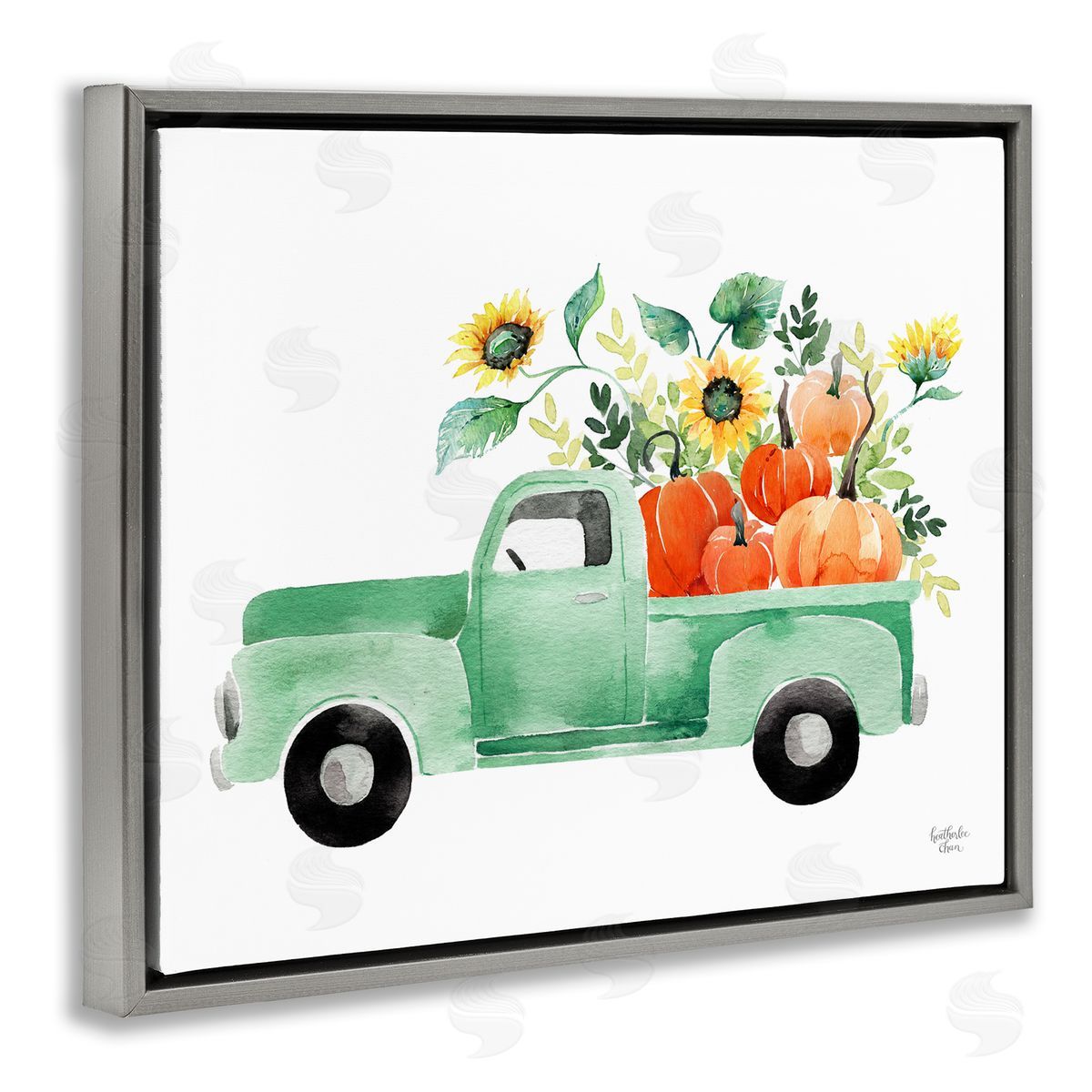Heather Lee Chan Autumnal Plants Pumpkins Seasonal Green Pickup Truck  Gray Floating Frame Canvas Wall Art Print