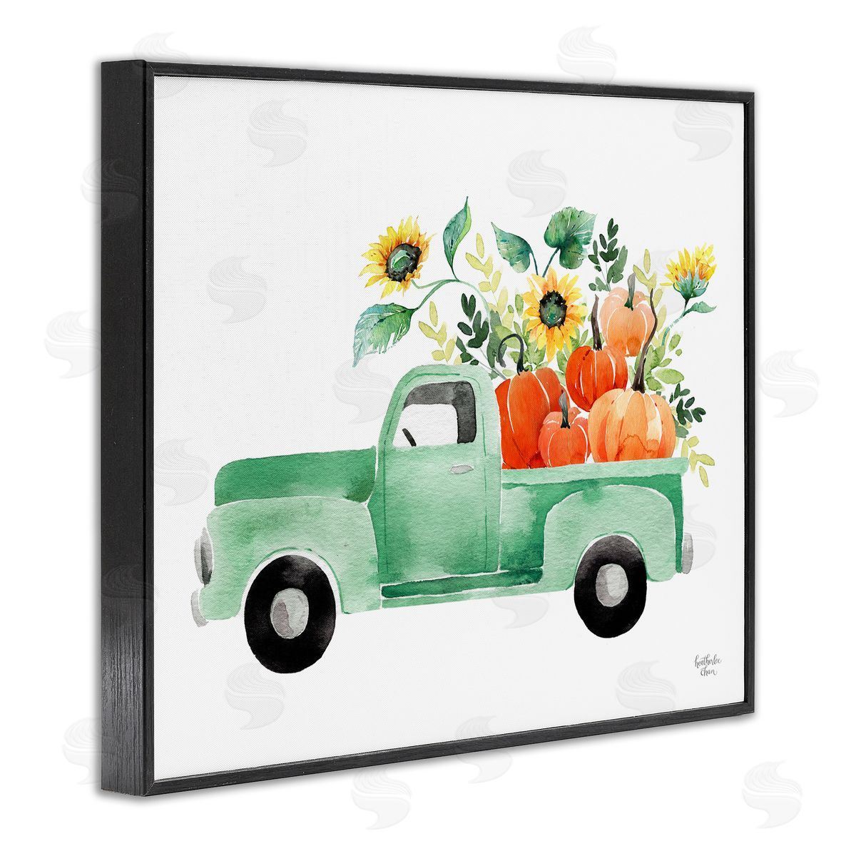 Heather Lee Chan Autumnal Plants Pumpkins Seasonal Green Pickup Truck  Black Framed Giclee Wall Art Print
