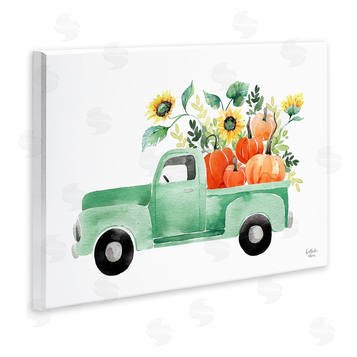 Heather Lee Chan Autumnal Plants Pumpkins Seasonal Green Pickup Truck  Wall Plaque Art Print
